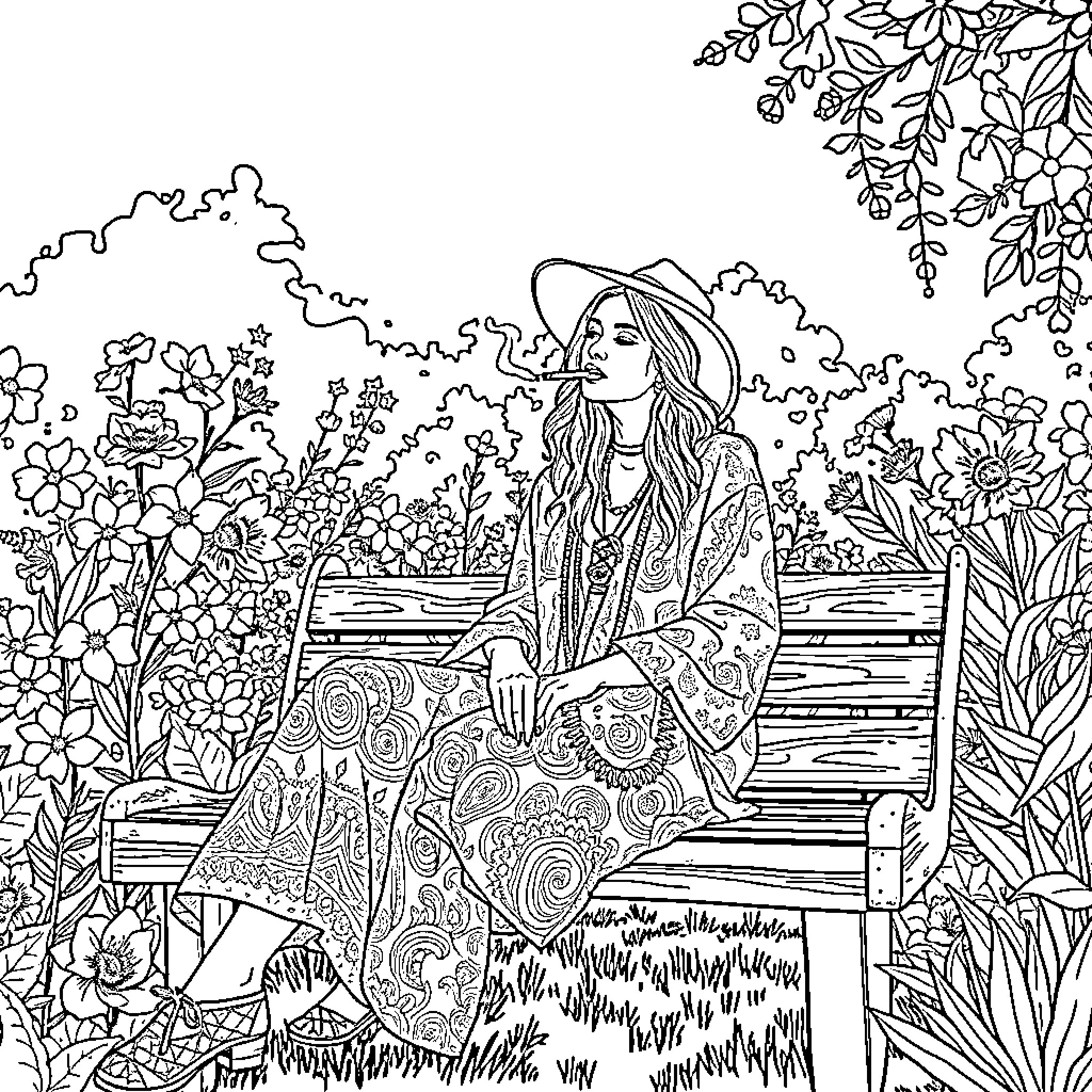 Woman relaxing in a garden filled with flowers Coloring Page (free black-and-white line drawing printable PDF for all, from beginners to advanced learners, including children, teens, adults, and seniors)