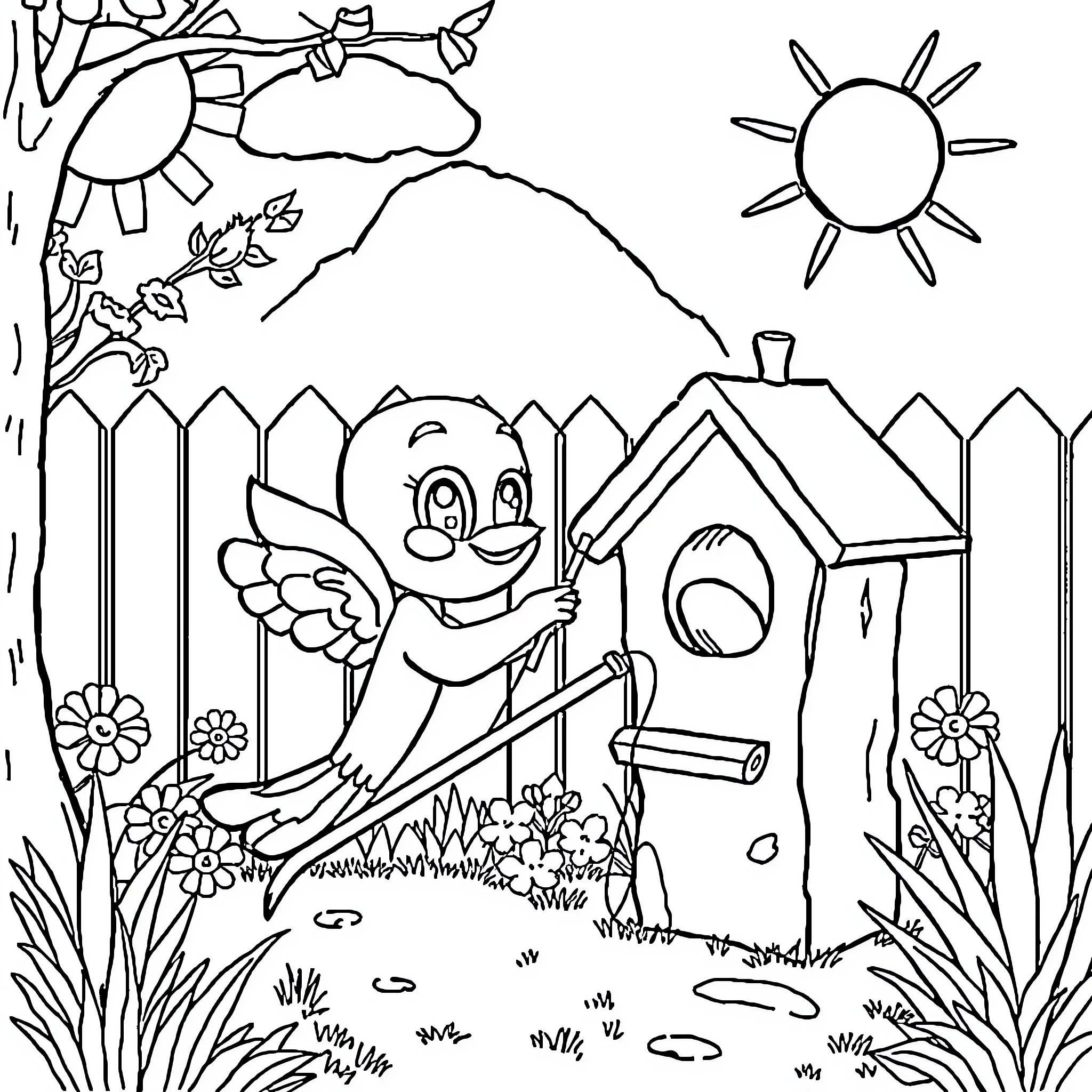 Bluey playing in the backyard with birdhouse Coloring Page (free black-and-white line drawing printable PDF for all, from beginners to advanced learners, including children, teens, adults, and seniors)