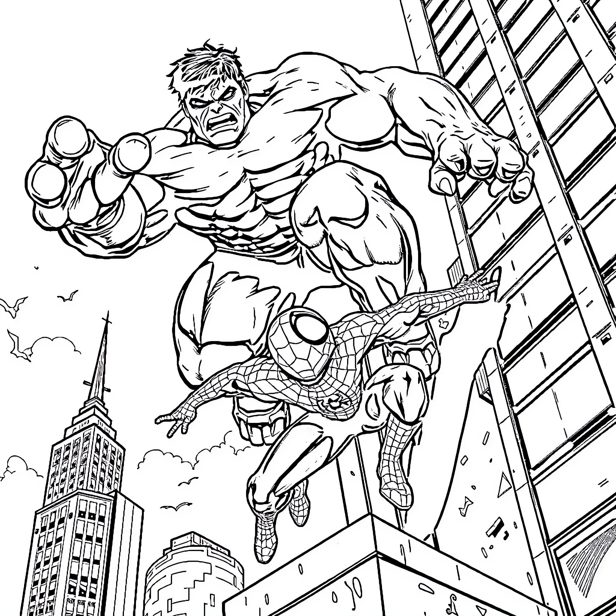 Hulk battling against Spiderman in the city Coloring Page (free black-and-white line drawing printable PDF for all, from beginners to advanced learners, including children, teens, adults, and seniors)