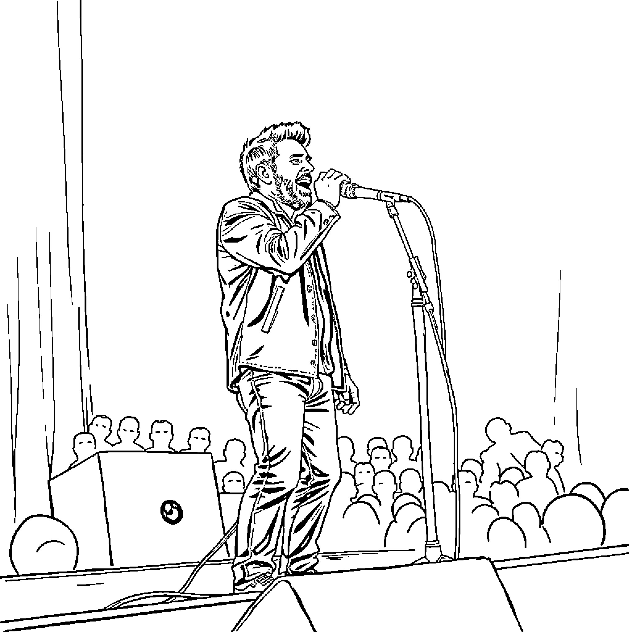 Gord Downie performing on stage with microphone Coloring Page (free black-and-white line drawing printable PDF for all, from beginners to advanced learners, including children, teens, adults, and seniors)