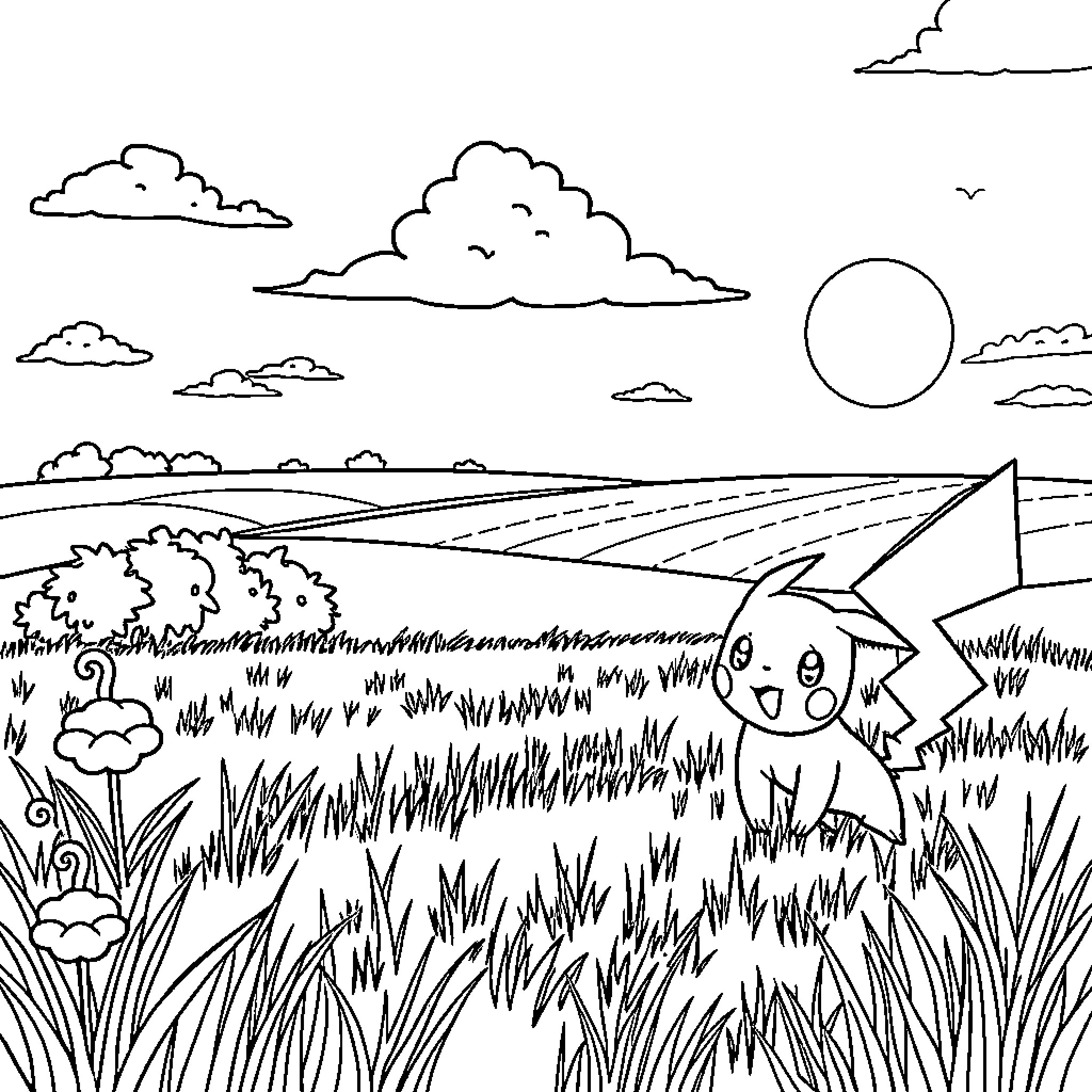Pokémon exploring a scenic landscape Coloring Page (free black-and-white line drawing printable PDF for all, from beginners to advanced learners, including children, teens, adults, and seniors)
