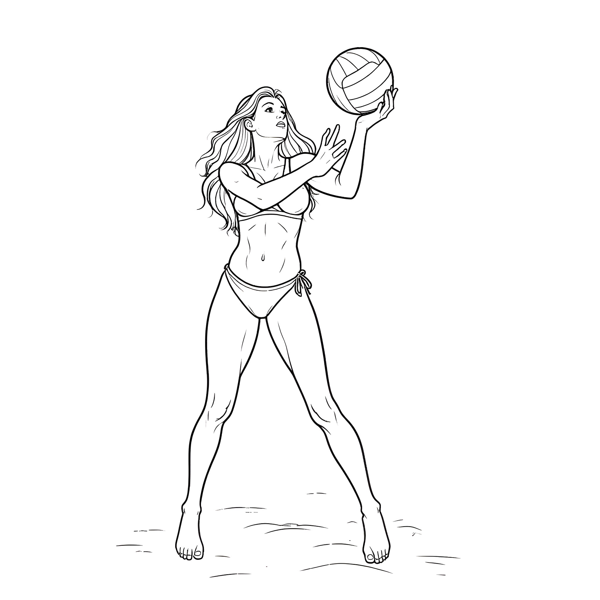 Bikini-clad woman playing with volleyball Coloring Page (free black-and-white line drawing printable PDF for all, from beginners to advanced learners, including children, teens, adults, and seniors)