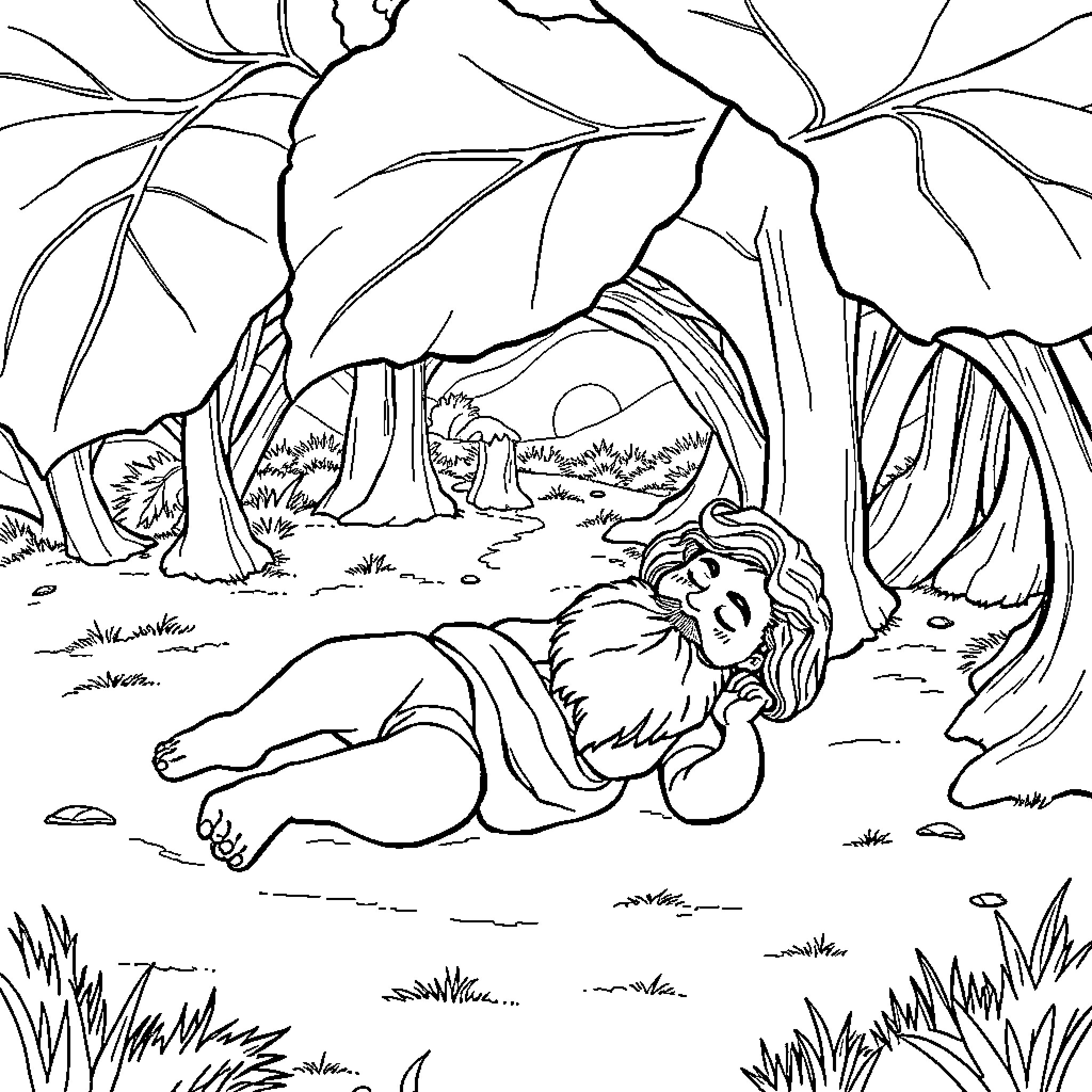 Jonah resting peacefully in nature's embrace Coloring Page (free black-and-white line drawing printable PDF for all, from beginners to advanced learners, including children, teens, adults, and seniors)