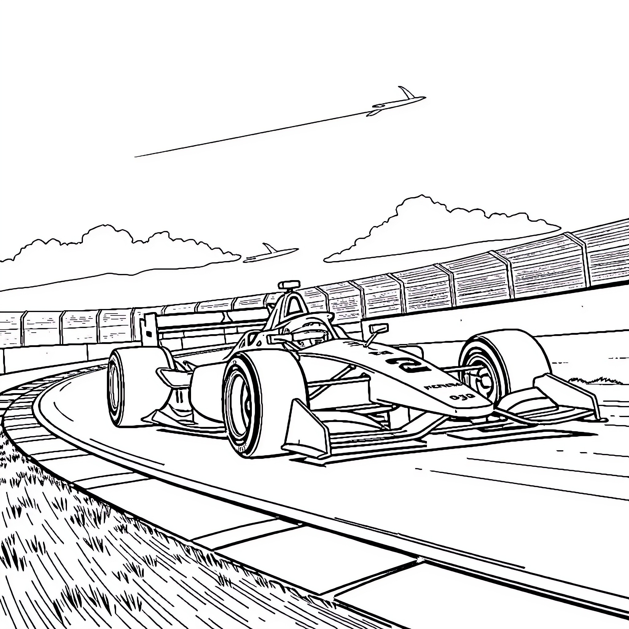 Nico Hülkenberg racing on the racetrack Coloring Page (free black-and-white line drawing printable PDF for all, from beginners to advanced learners, including children, teens, adults, and seniors)