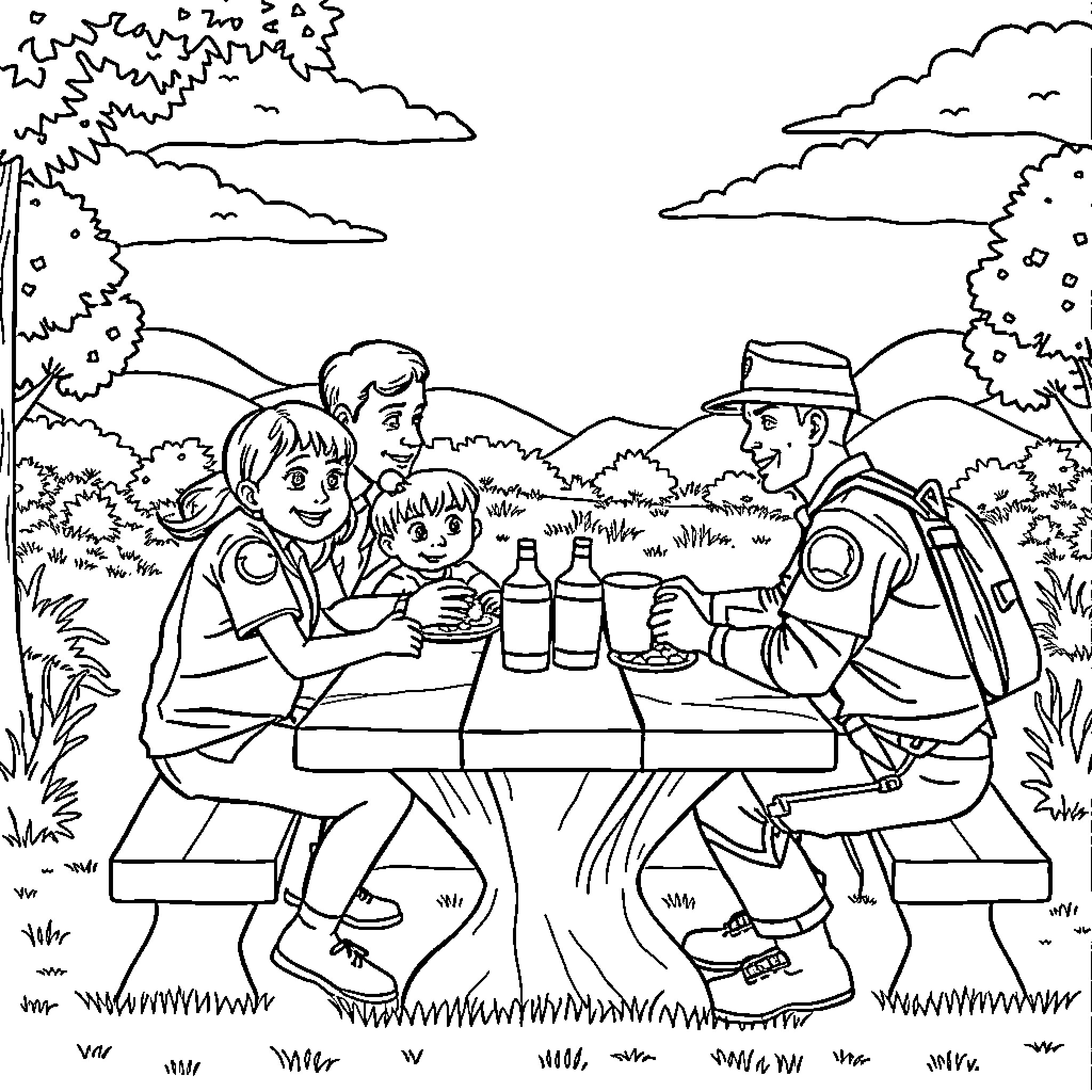 Army Family Enjoying Outdoor Picnic Coloring Page (free black-and-white line drawing printable PDF for all, from beginners to advanced learners, including children, teens, adults, and seniors)