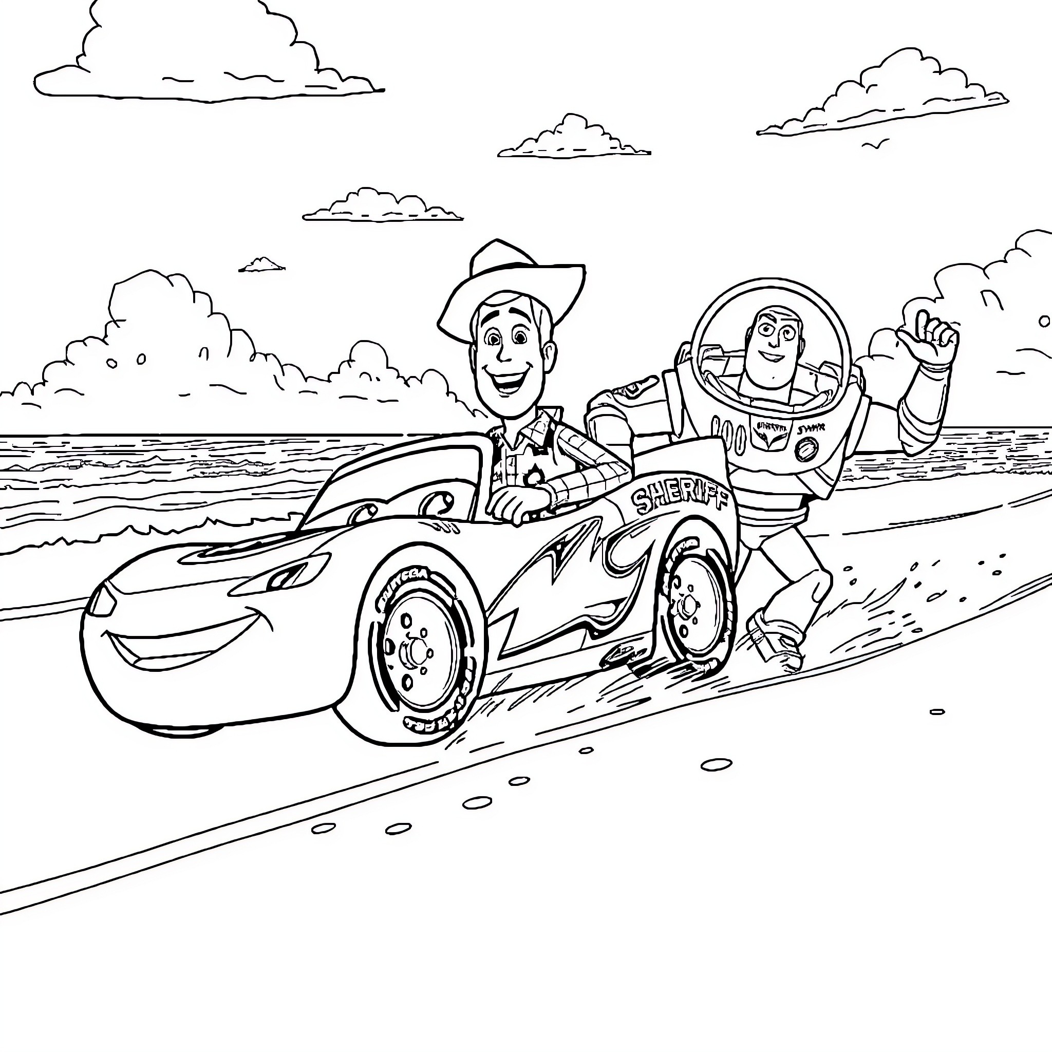 Lightning McQueen and Buzz Lightyear in an adventurous race Coloring Page (free black-and-white line drawing printable PDF for all, from beginners to advanced learners, including children, teens, adults, and seniors)