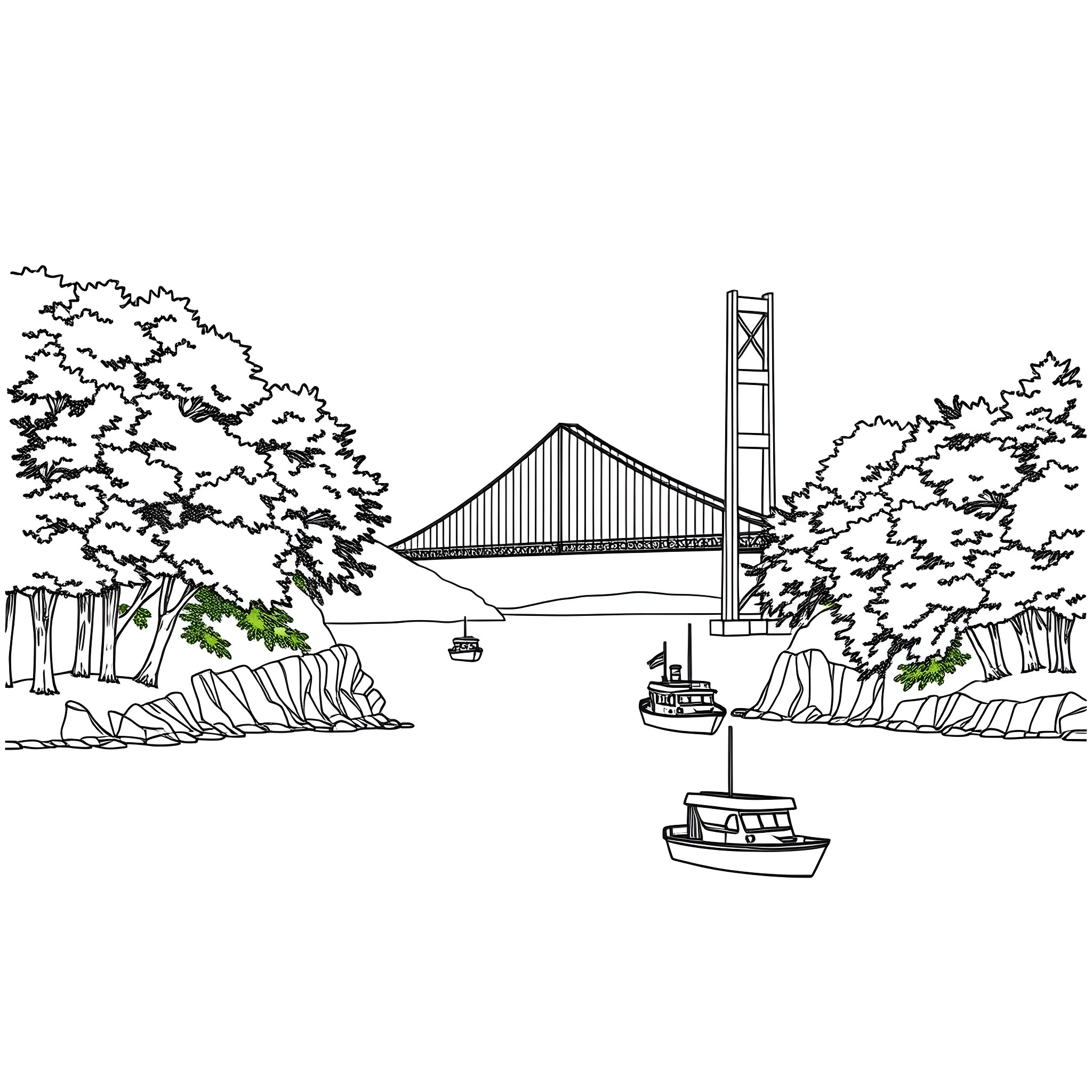 Mackinaw Bridge and boats on the water Coloring Page (free black-and-white line drawing printable PDF for all, from beginners to advanced learners, including children, teens, adults, and seniors)