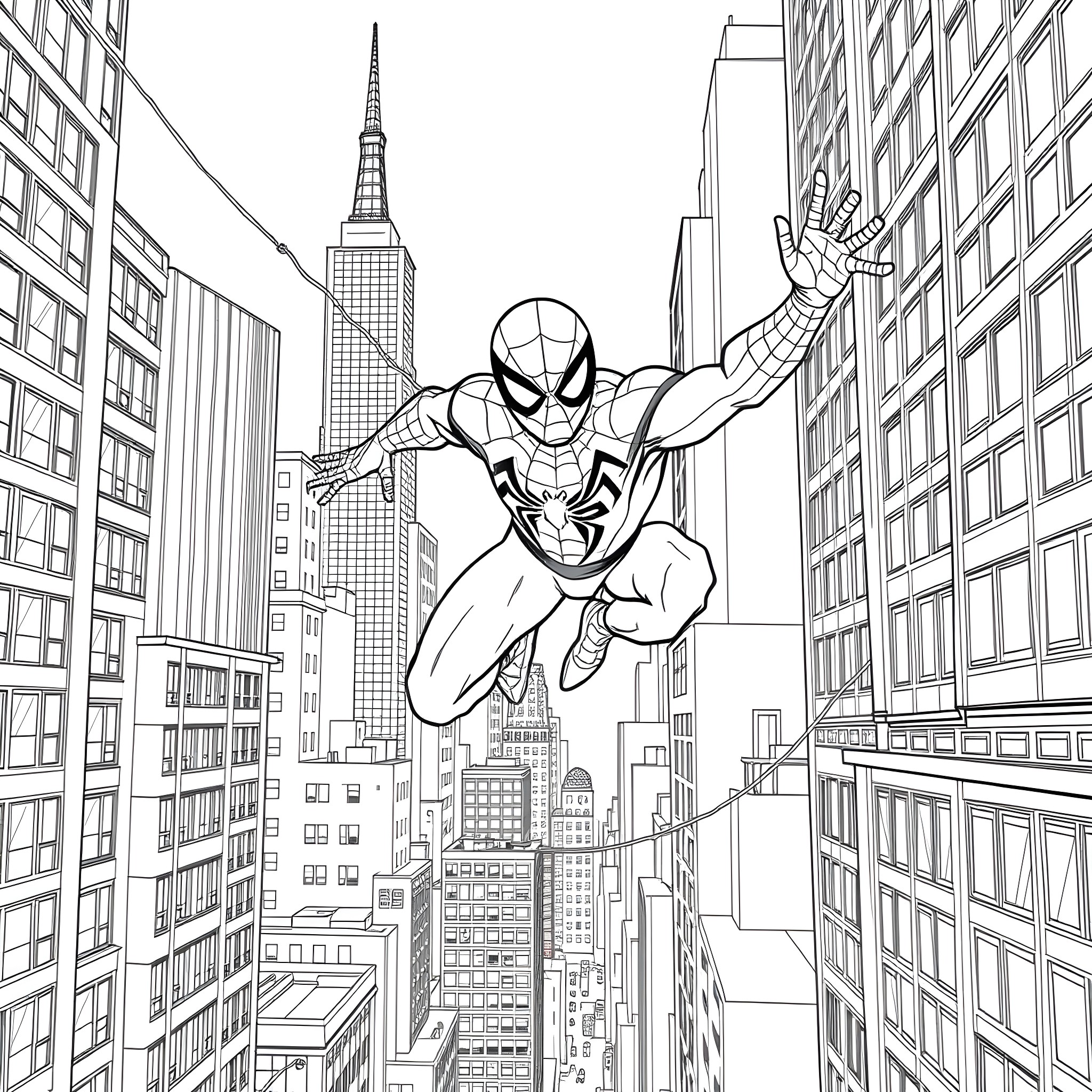 Spiderman swinging through the city Coloring Page (free black-and-white line drawing printable PDF for all, from beginners to advanced learners, including children, teens, adults, and seniors)