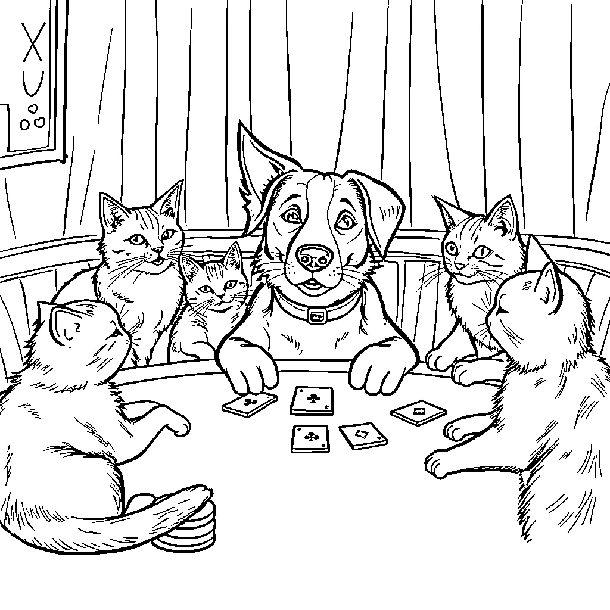 Dog and Cats Playing Cards Together Coloring Page (free black-and-white line drawing printable PDF for all, from beginners to advanced learners, including children, teens, adults, and seniors)