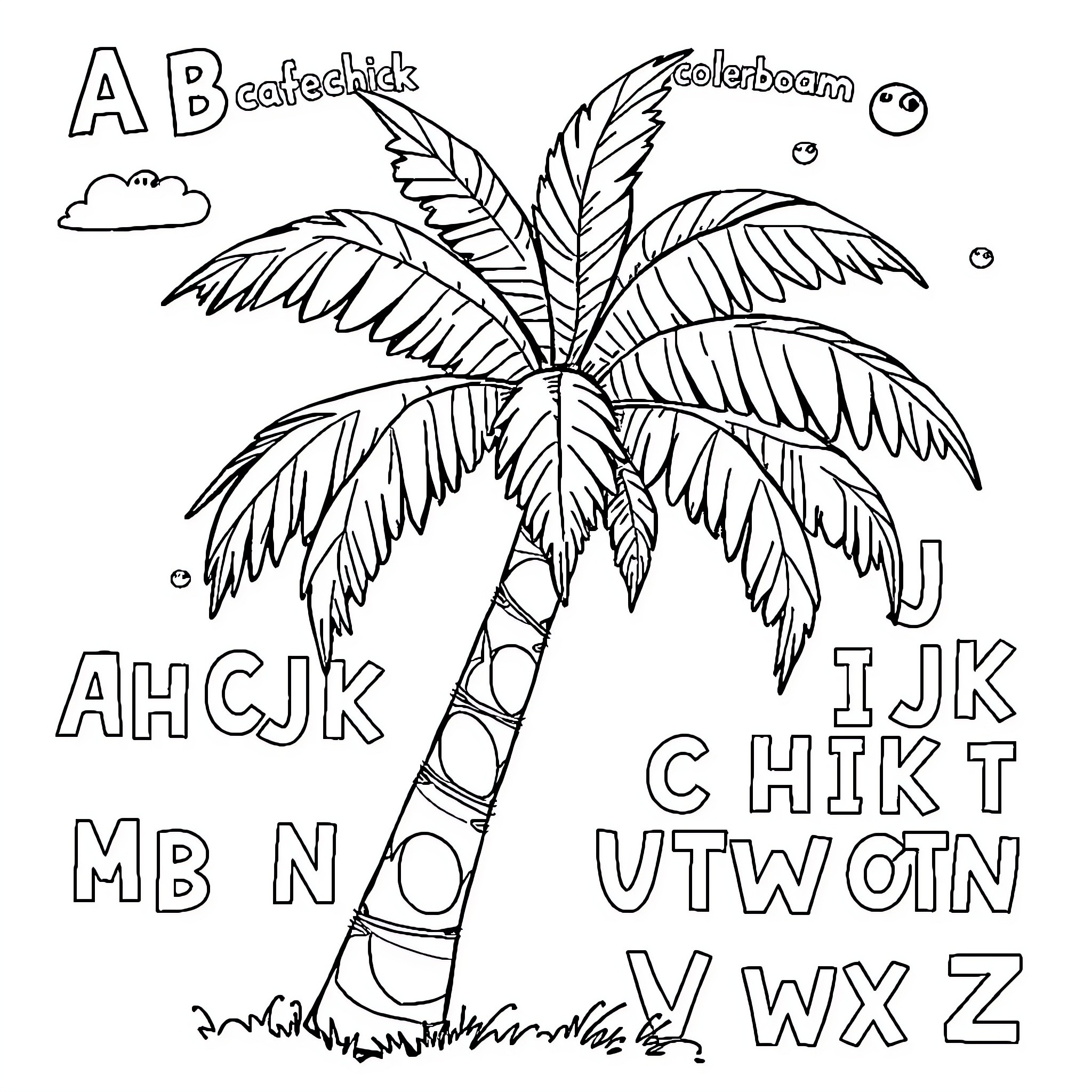 Chick playing with colorful palm tree Coloring Page (free black-and-white line drawing printable PDF for all, from beginners to advanced learners, including children, teens, adults, and seniors)