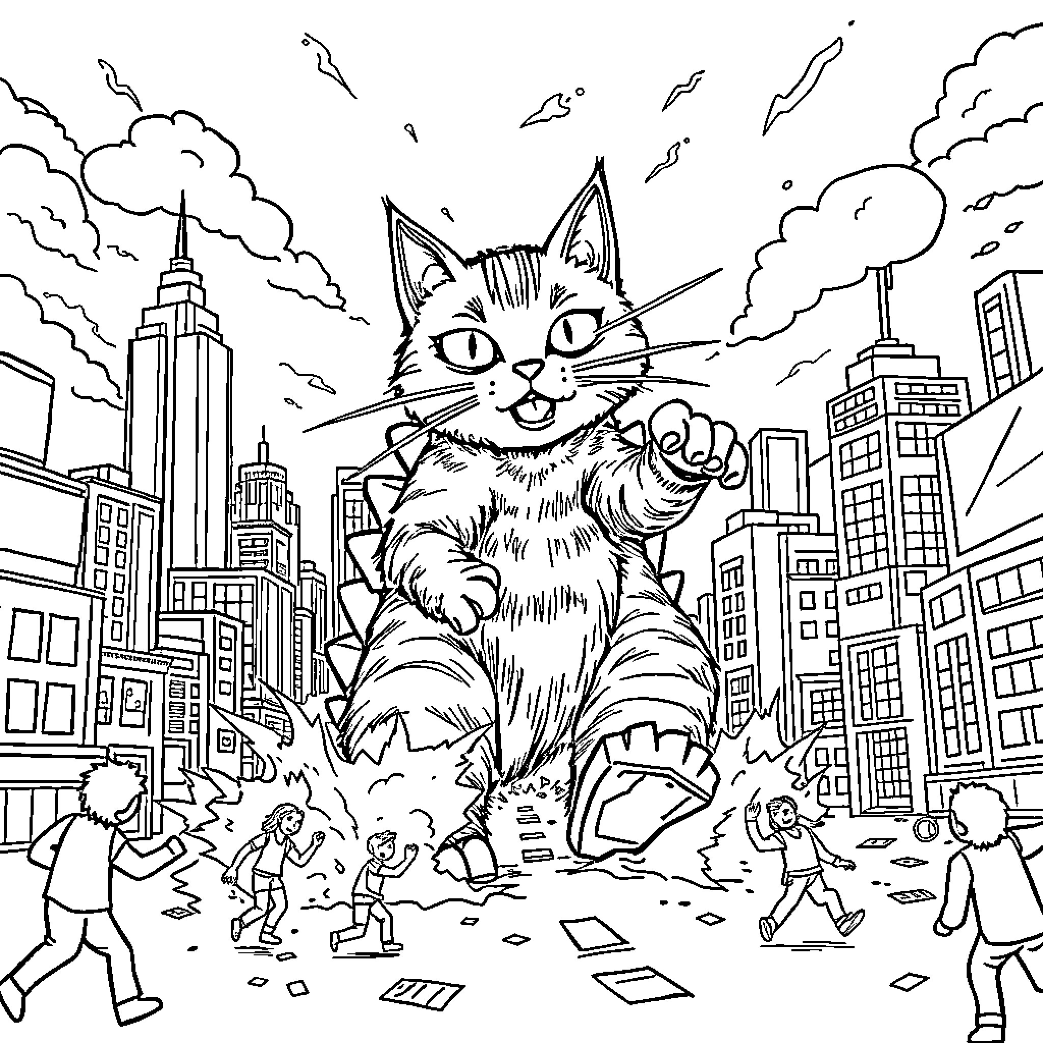 Cat causing chaos in the city Coloring Page (free black-and-white line drawing printable PDF for all, from beginners to advanced learners, including children, teens, adults, and seniors)