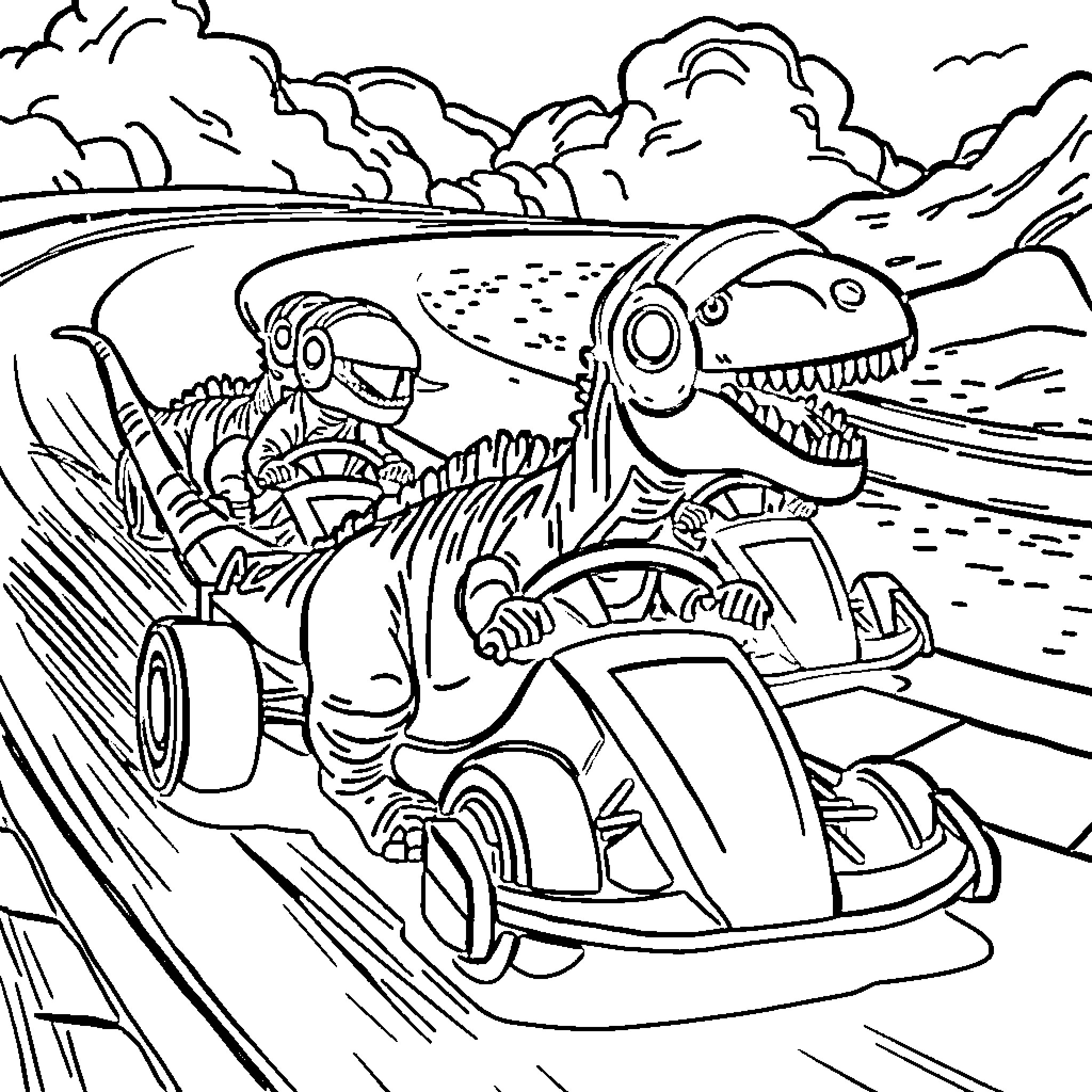 Dinosaur Racer Speeding Through Rugged Terrain Coloring Page (free black-and-white line drawing printable PDF for all, from beginners to advanced learners, including children, teens, adults, and seniors)