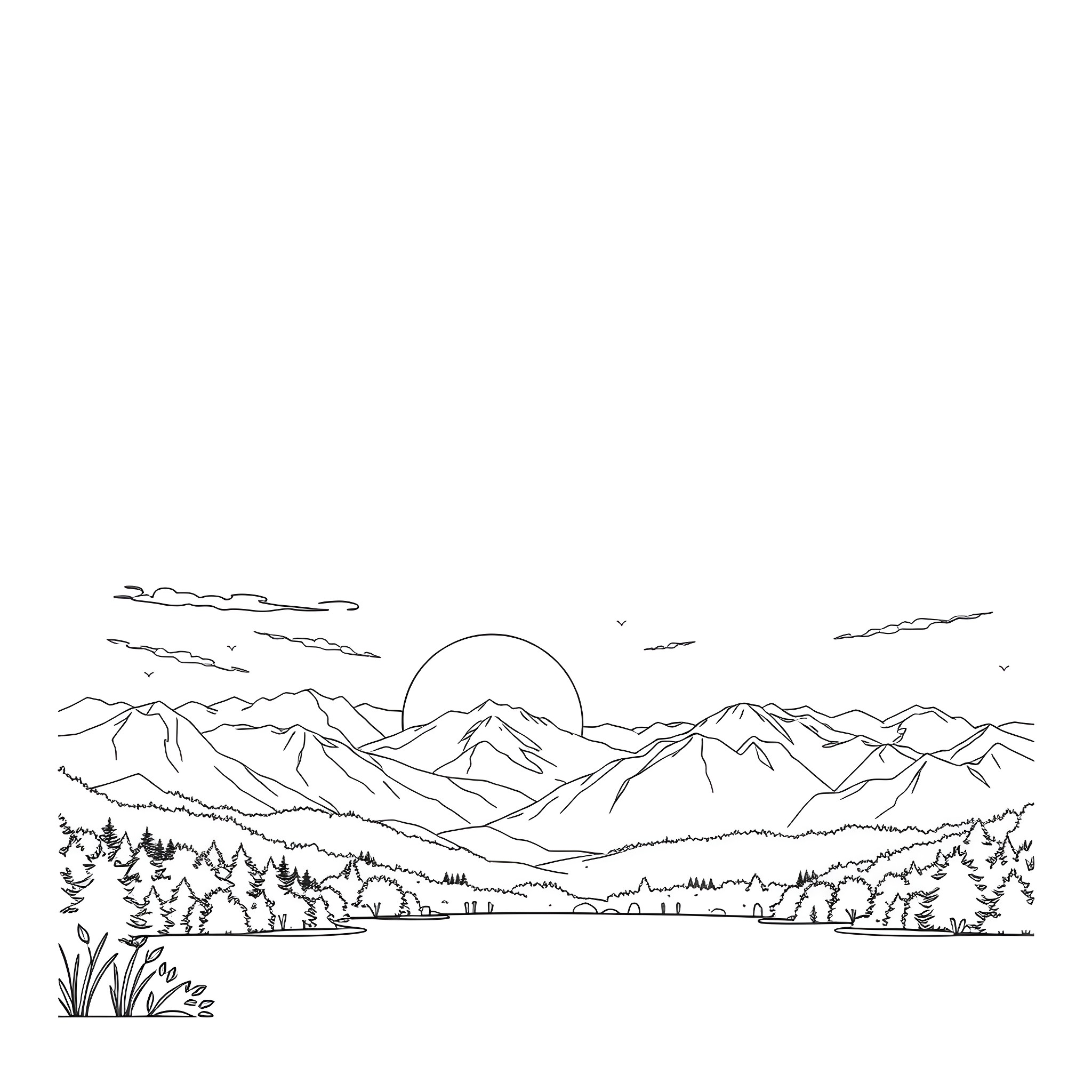 Sun shines over snowy mountain landscape Coloring Page (free black-and-white line drawing printable PDF for all, from beginners to advanced learners, including children, teens, adults, and seniors)