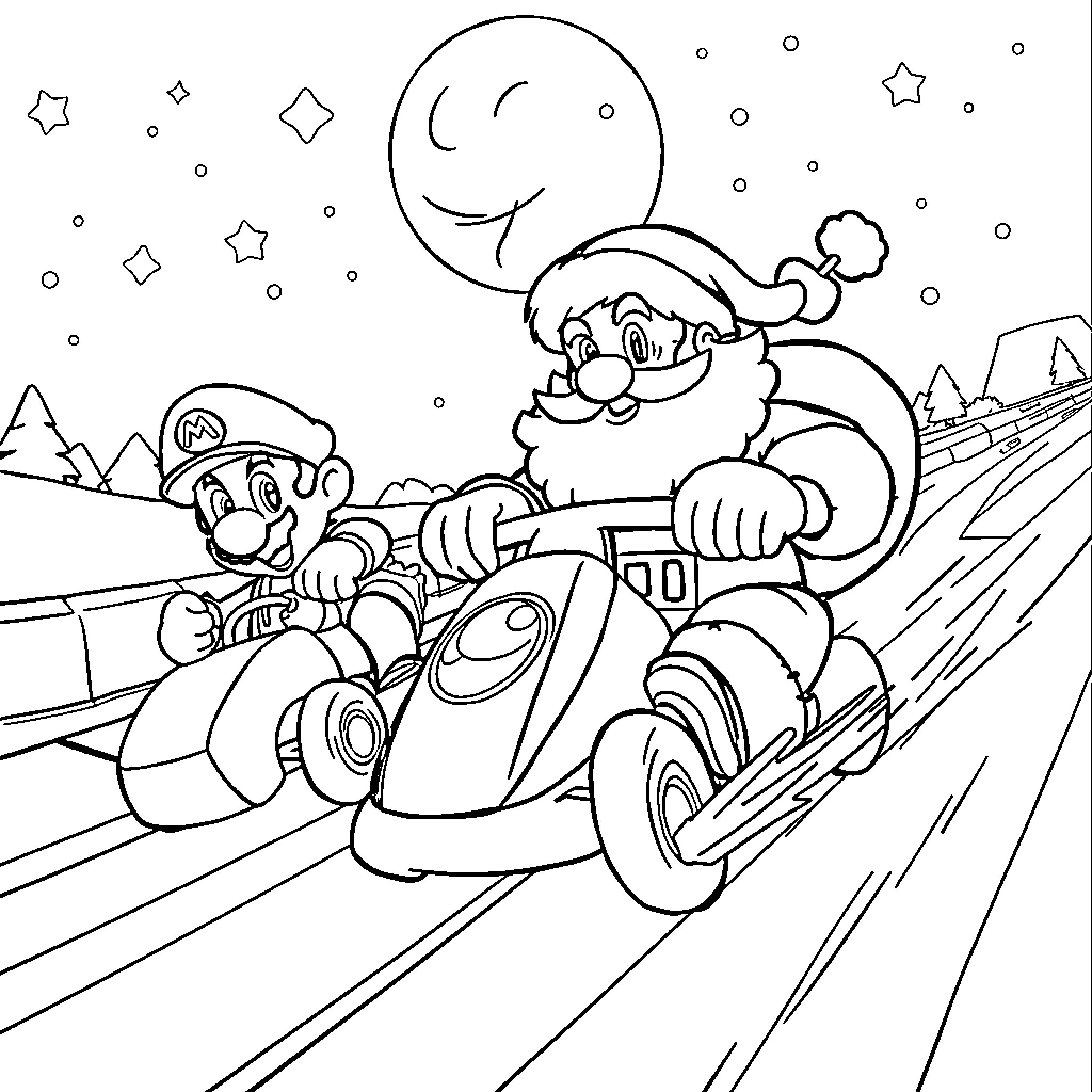 Santa Riding Kart Under the Starry Night Sky Coloring Page (free black-and-white line drawing printable PDF for all, from beginners to advanced learners, including children, teens, adults, and seniors)