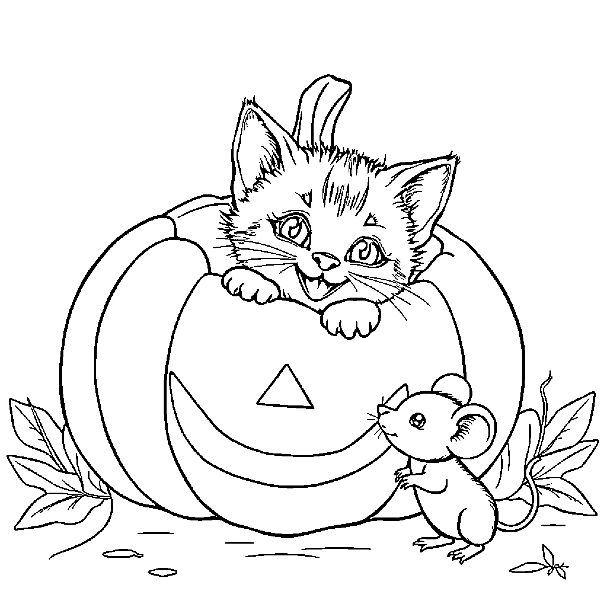 Kitten peeking from carved pumpkin with mouse Coloring Page (free black-and-white line drawing printable PDF for all, from beginners to advanced learners, including children, teens, adults, and seniors)