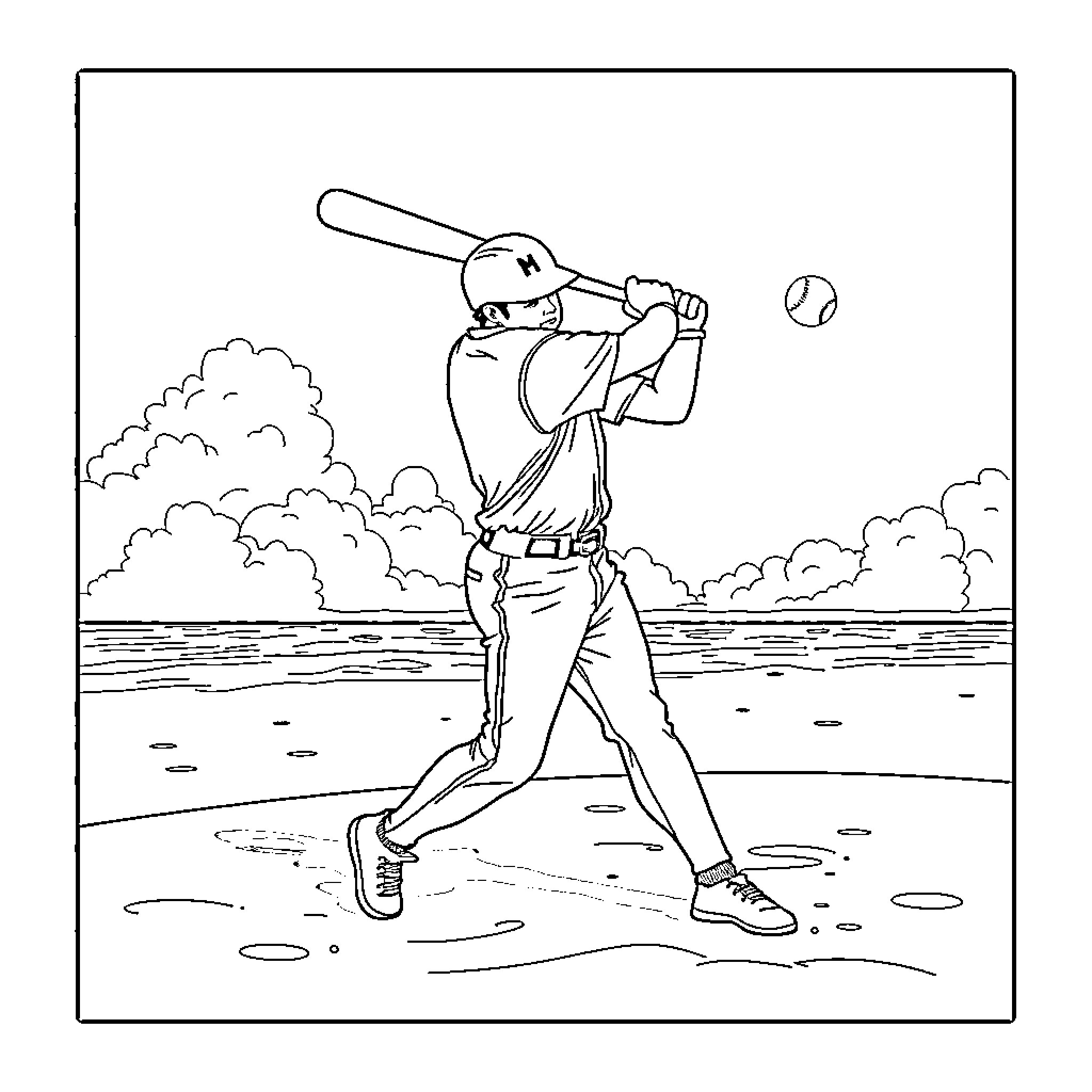 Baseball Player Swinging Bat and Hitting Ball on Field Coloring Page (free black-and-white line drawing printable PDF for all, from beginners to advanced learners, including children, teens, adults, and seniors)