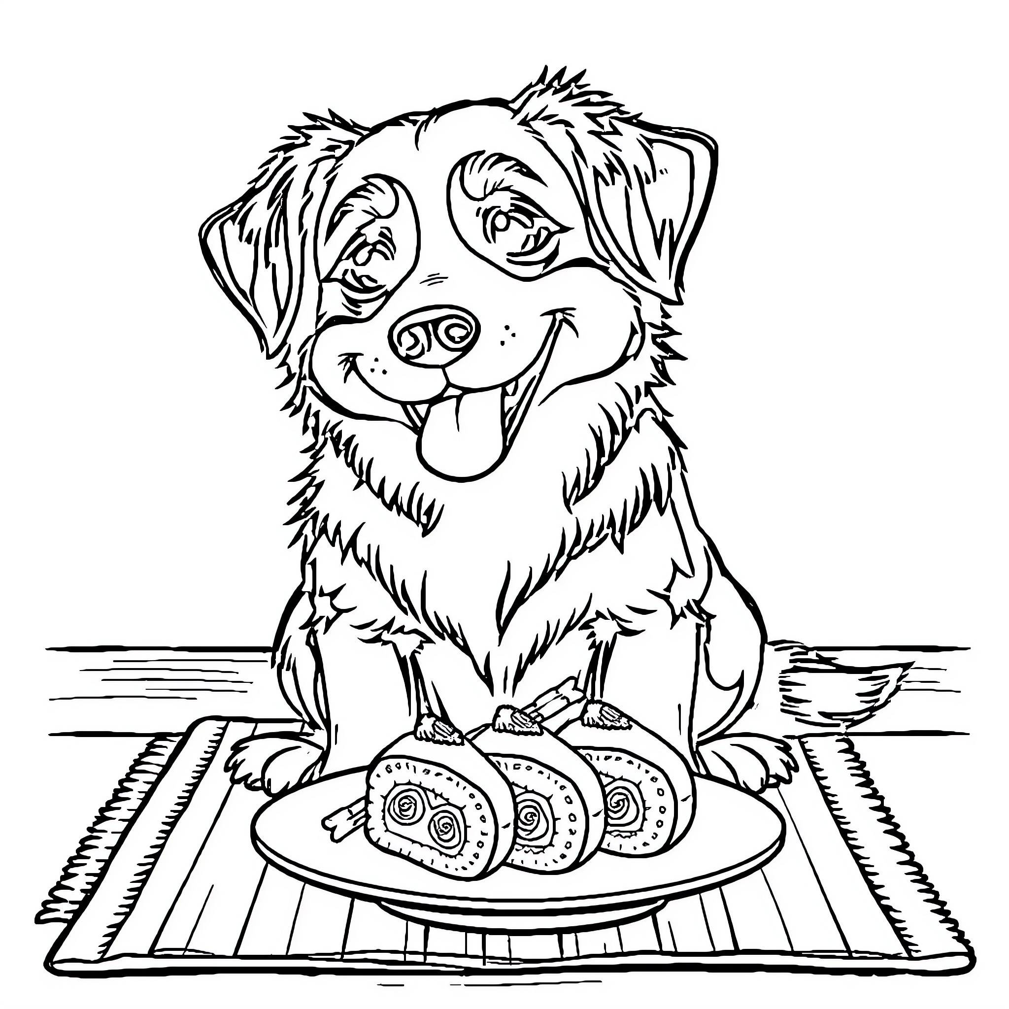 Dog enjoying a tasty meal on a rug Coloring Page (free black-and-white line drawing printable PDF for all, from beginners to advanced learners, including children, teens, adults, and seniors)