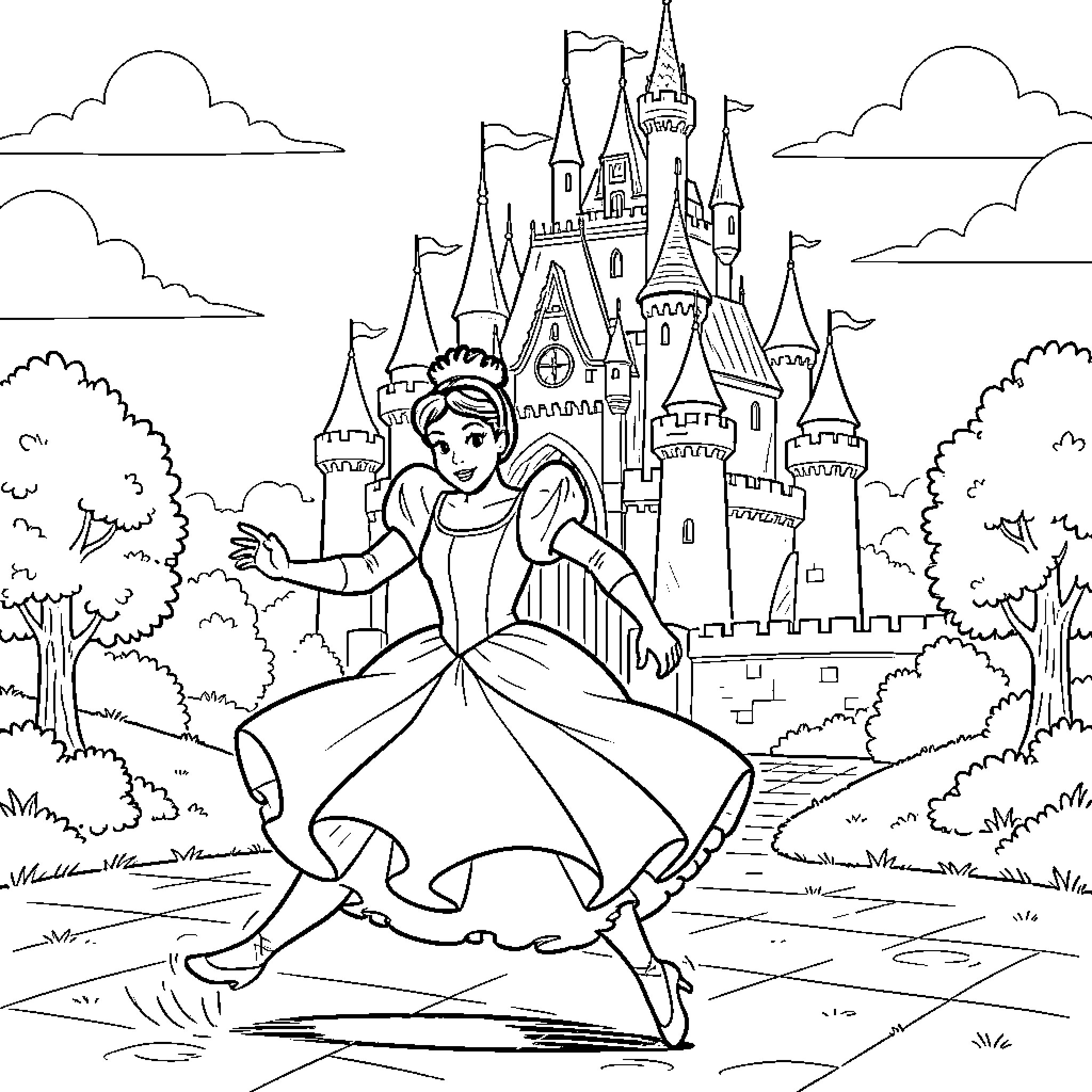 Cinderella dancing gracefully in front of a castle Coloring Page (free black-and-white line drawing printable PDF for all, from beginners to advanced learners, including children, teens, adults, and seniors)