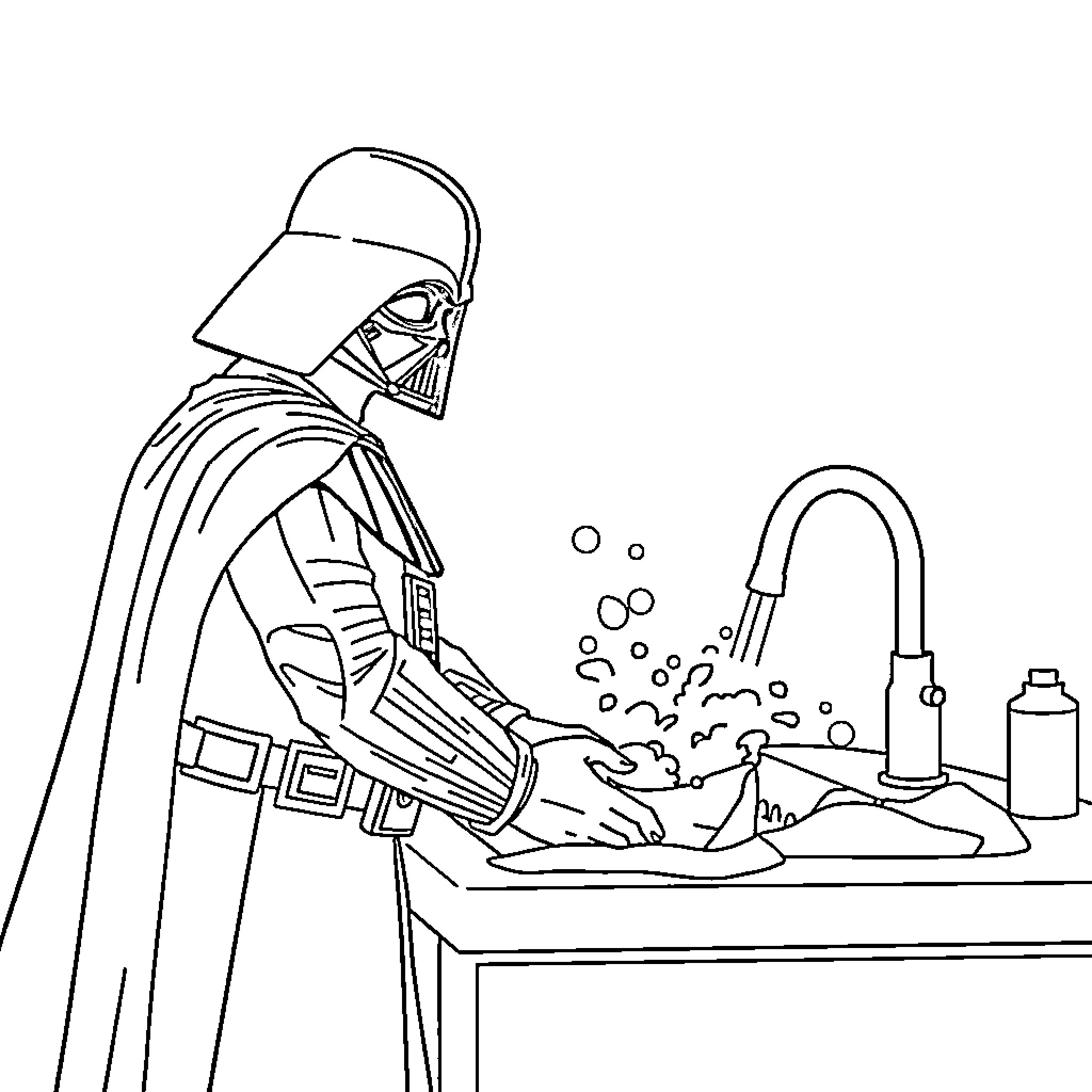 Darth Vader washing hands in a bathroom sink Coloring Page (free black-and-white line drawing printable PDF for all, from beginners to advanced learners, including children, teens, adults, and seniors)
