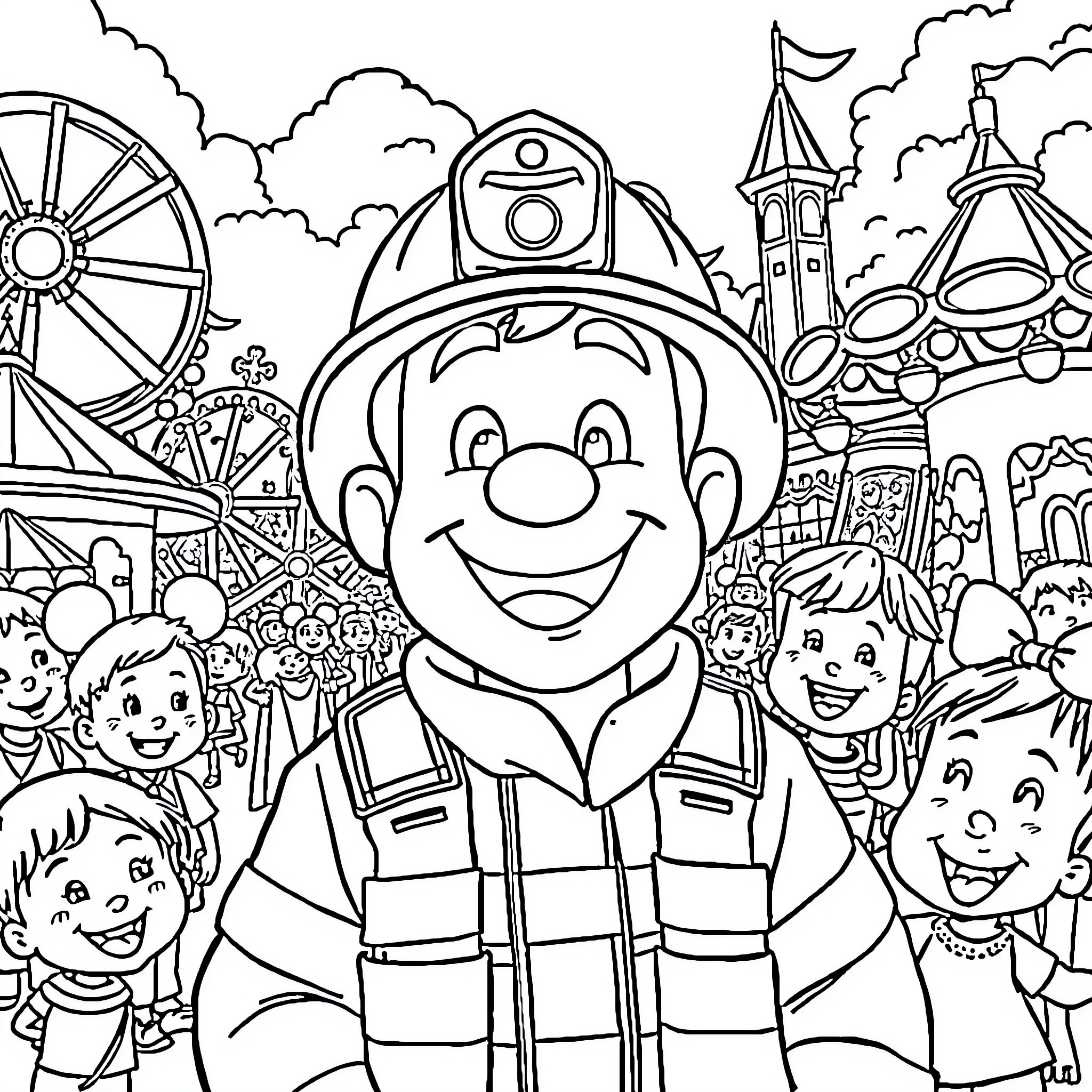 Fireman Sam enjoys a day at the amusement park Coloring Page (free black-and-white line drawing printable PDF for all, from beginners to advanced learners, including children, teens, adults, and seniors)