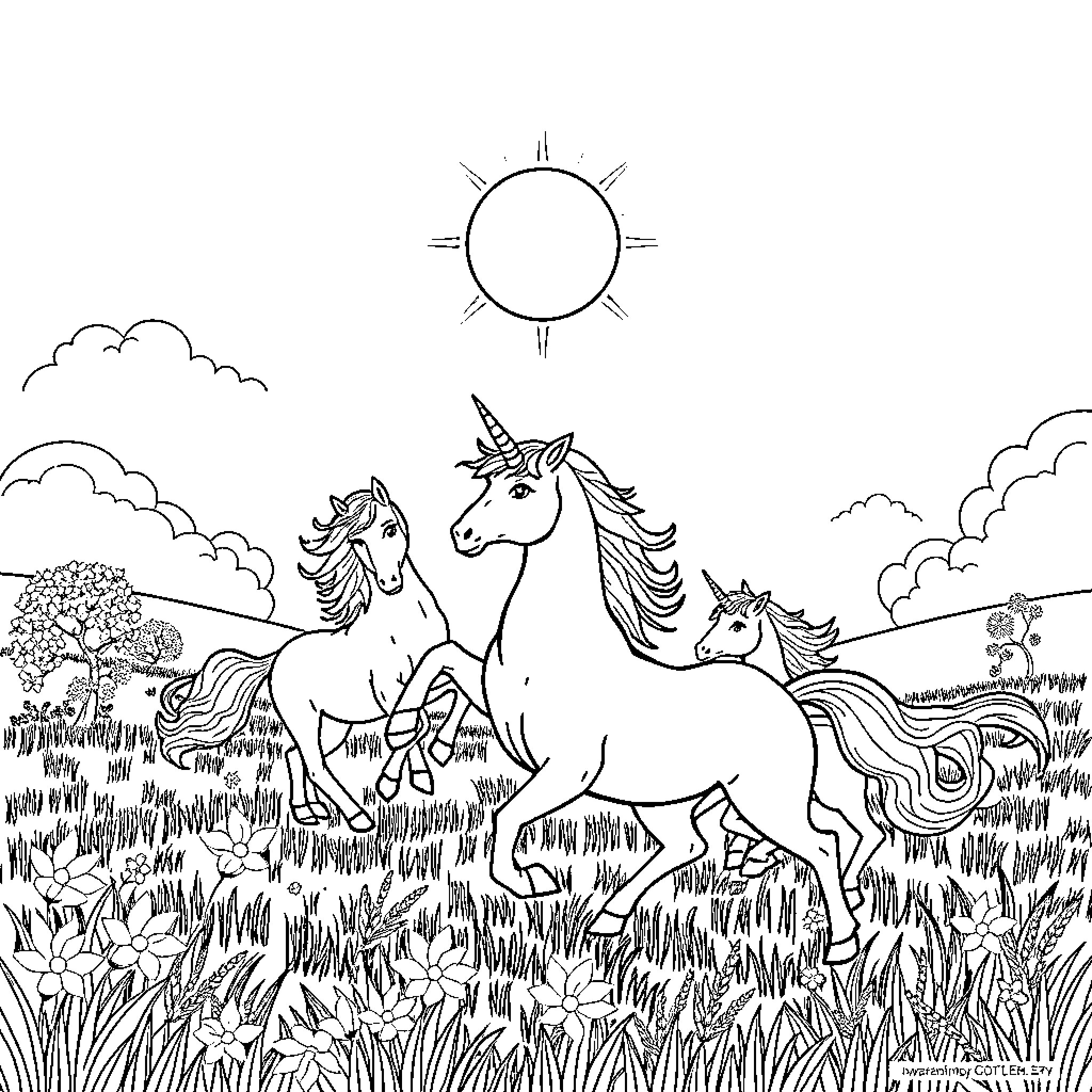 Unicorn family galloping joyfully in the meadow Coloring Page (free black-and-white line drawing printable PDF for all, from beginners to advanced learners, including children, teens, adults, and seniors)