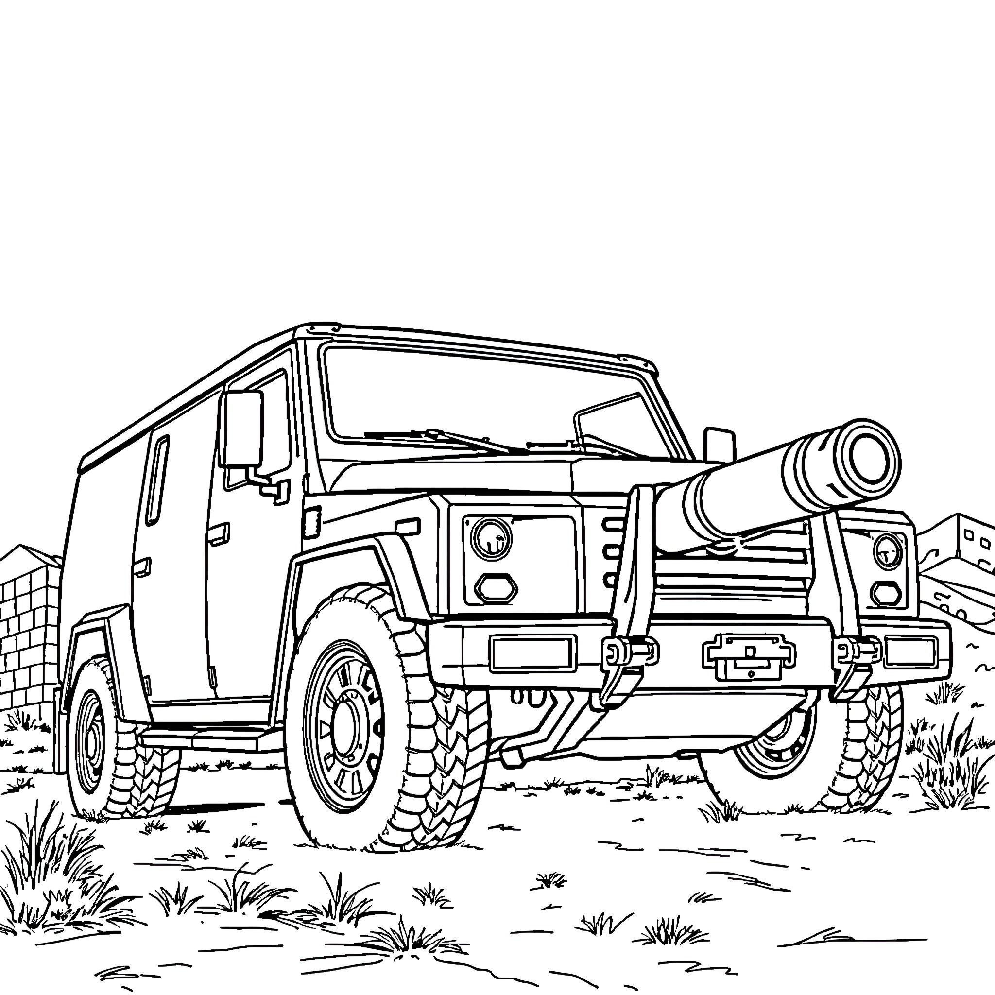 Cannon-equipped military vehicle in rugged terrain Coloring Page (free black-and-white line drawing printable PDF for all, from beginners to advanced learners, including children, teens, adults, and seniors)
