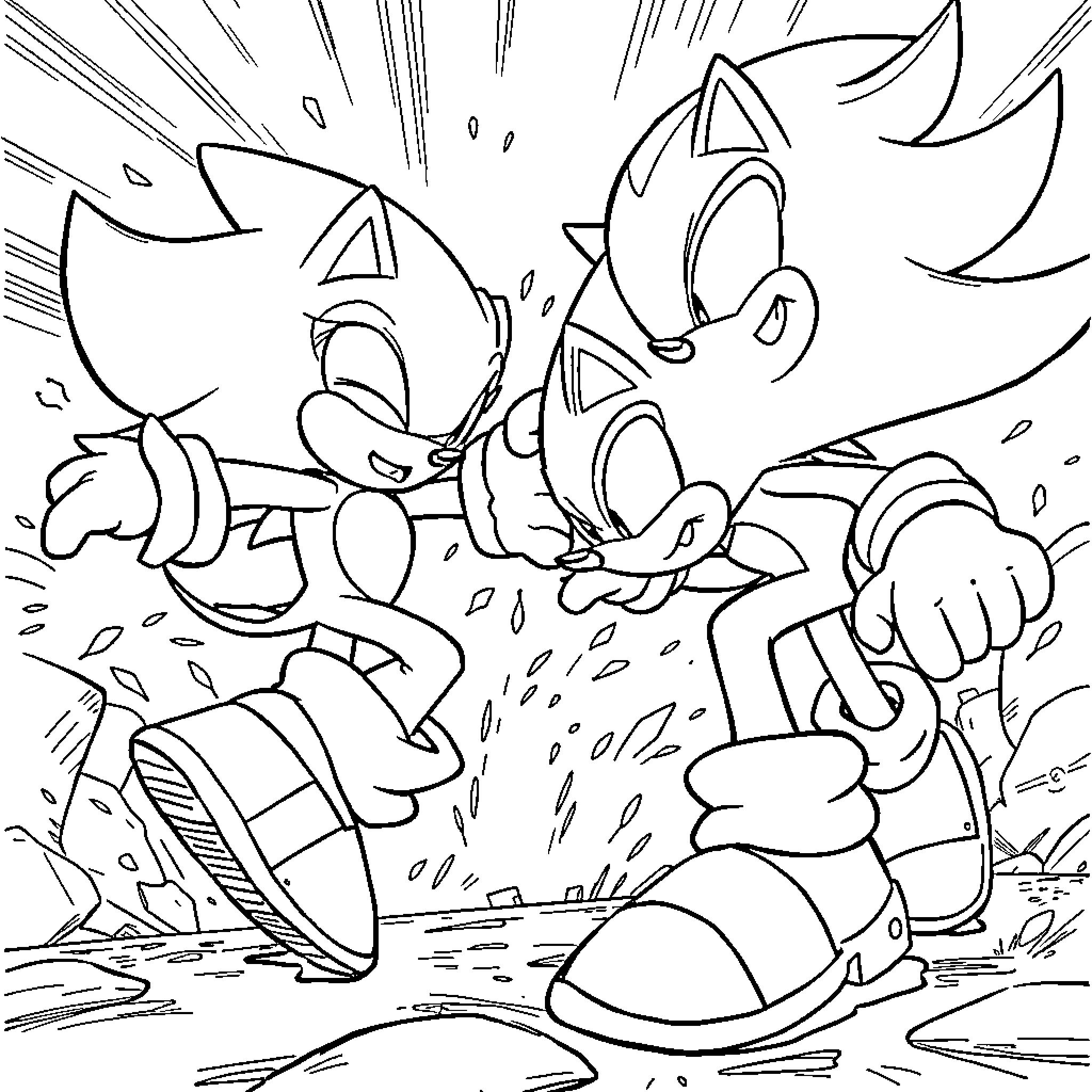 Sonic characters in a dynamic action scene Coloring Page (free black-and-white line drawing printable PDF for all, from beginners to advanced learners, including children, teens, adults, and seniors)