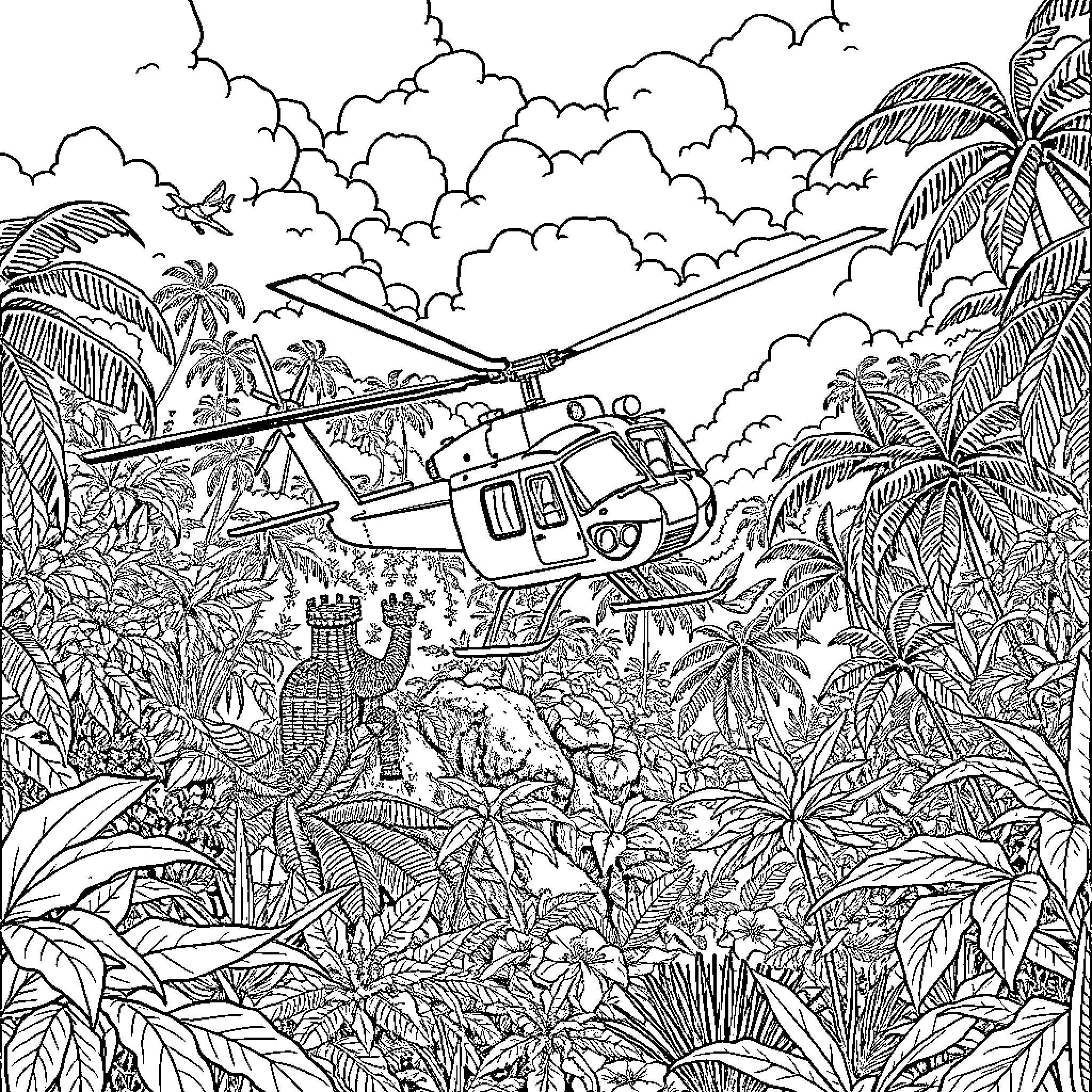 Helicopter soaring over lush tropical landscape Coloring Page (free black-and-white line drawing printable PDF for all, from beginners to advanced learners, including children, teens, adults, and seniors)