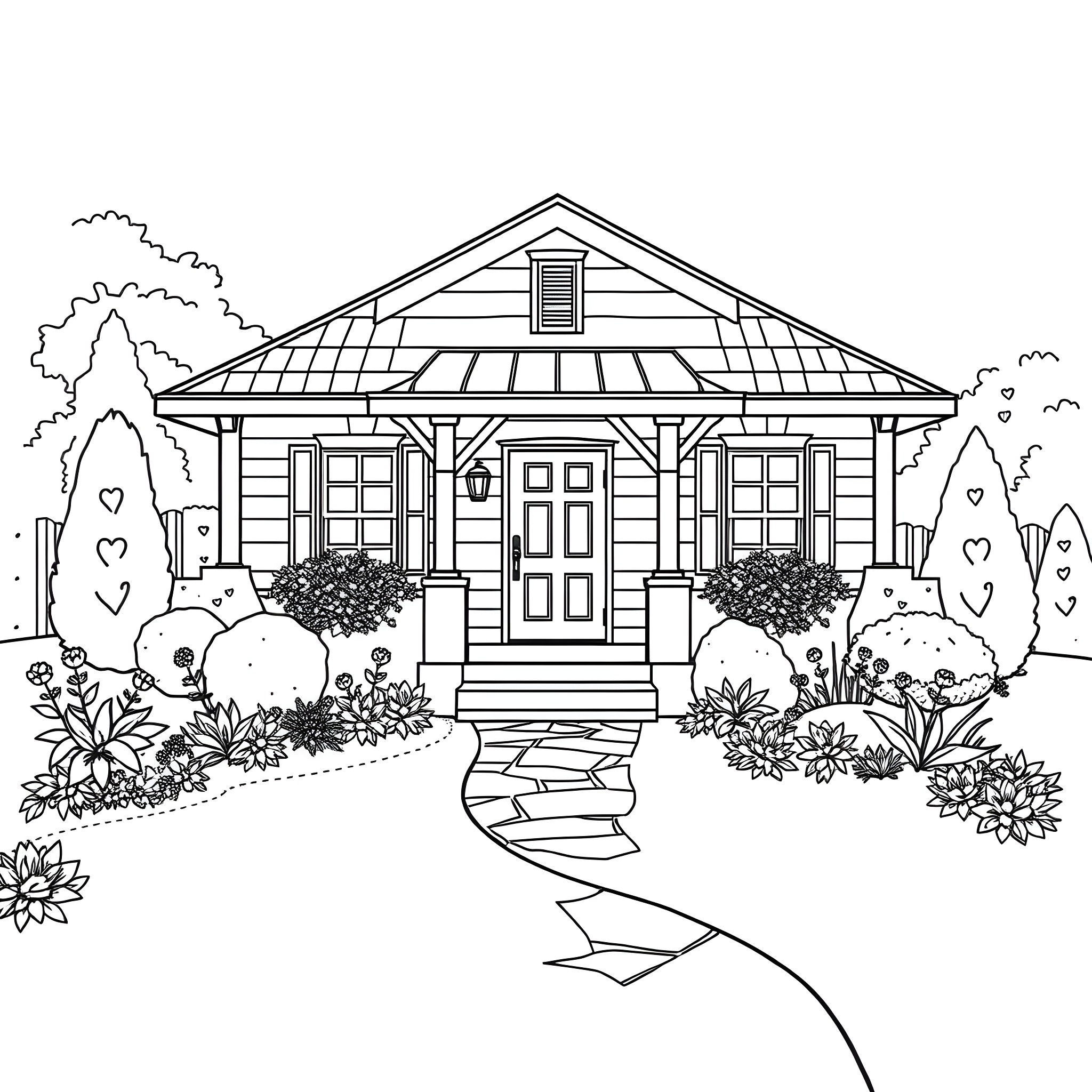 Bungalow with flower garden and path Coloring Page (free black-and-white line drawing printable PDF for all, from beginners to advanced learners, including children, teens, adults, and seniors)