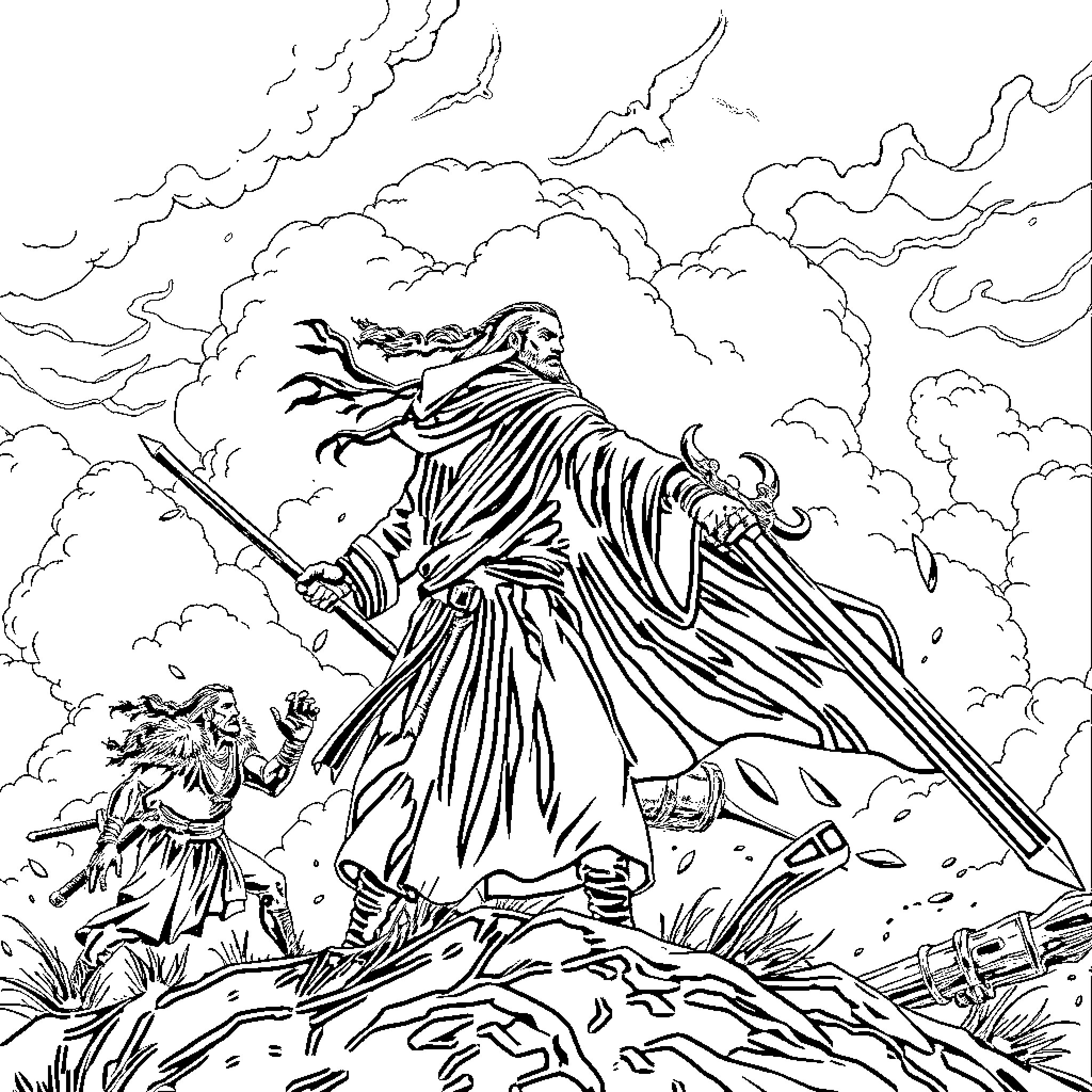 Rumi in Contemplative Pose Amidst Stormy Skies Coloring Page (free black-and-white line drawing printable PDF for all, from beginners to advanced learners, including children, teens, adults, and seniors)