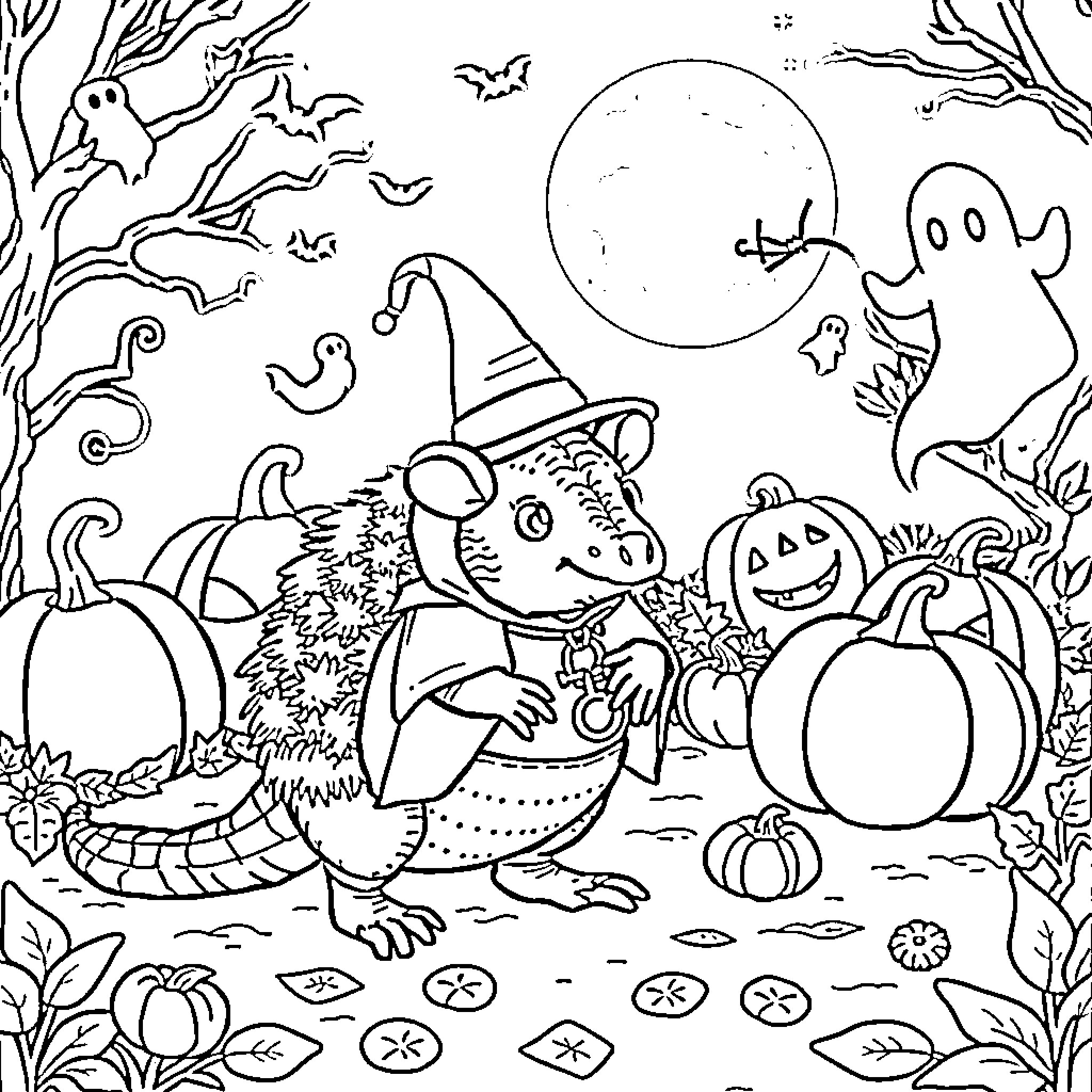 Armadillo enjoying Halloween with spooky friends Coloring Page (free black-and-white line drawing printable PDF for all, from beginners to advanced learners, including children, teens, adults, and seniors)