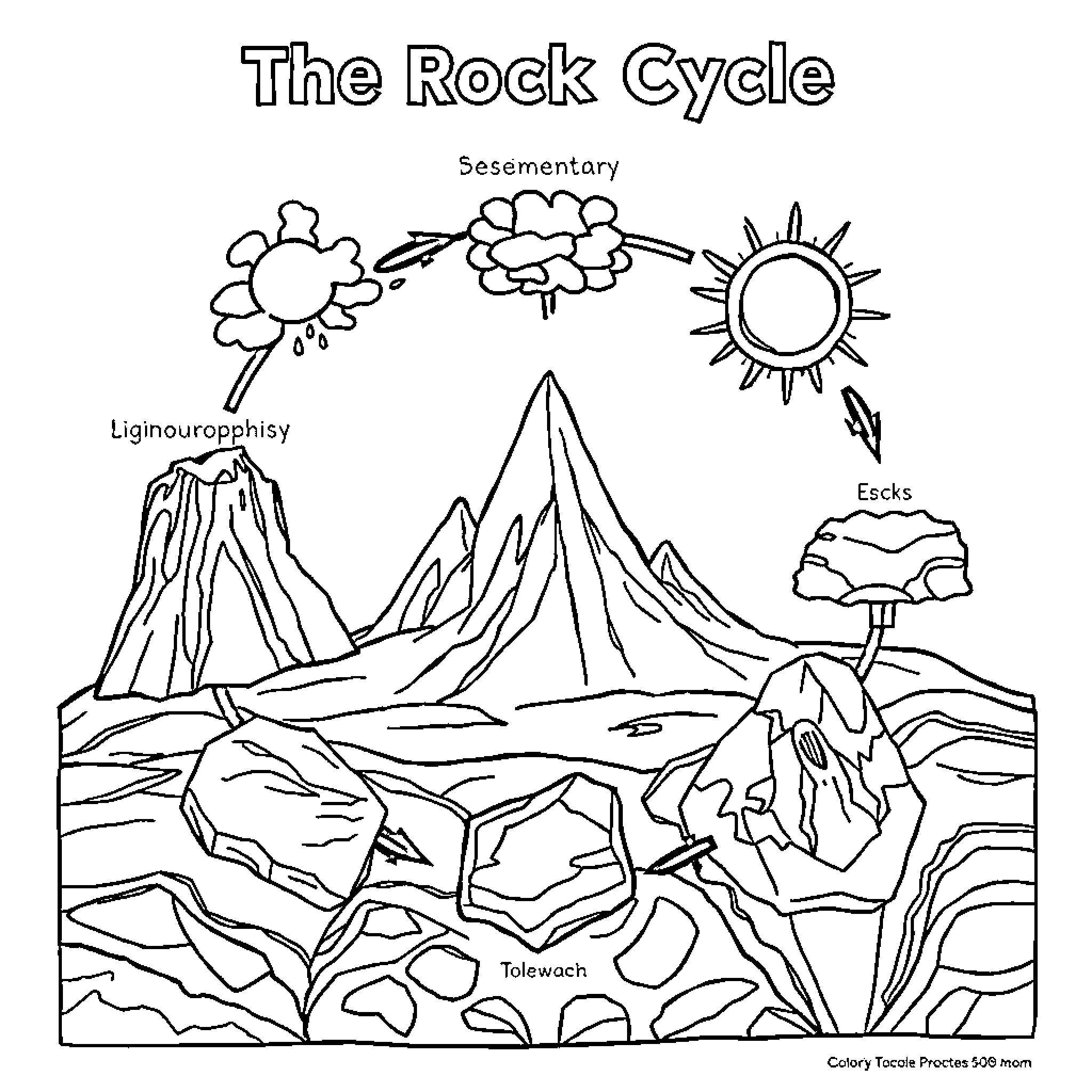 Rock Cycle: A Geological Landscape Coloring Page (free black-and-white line drawing printable PDF for all, from beginners to advanced learners, including children, teens, adults, and seniors)