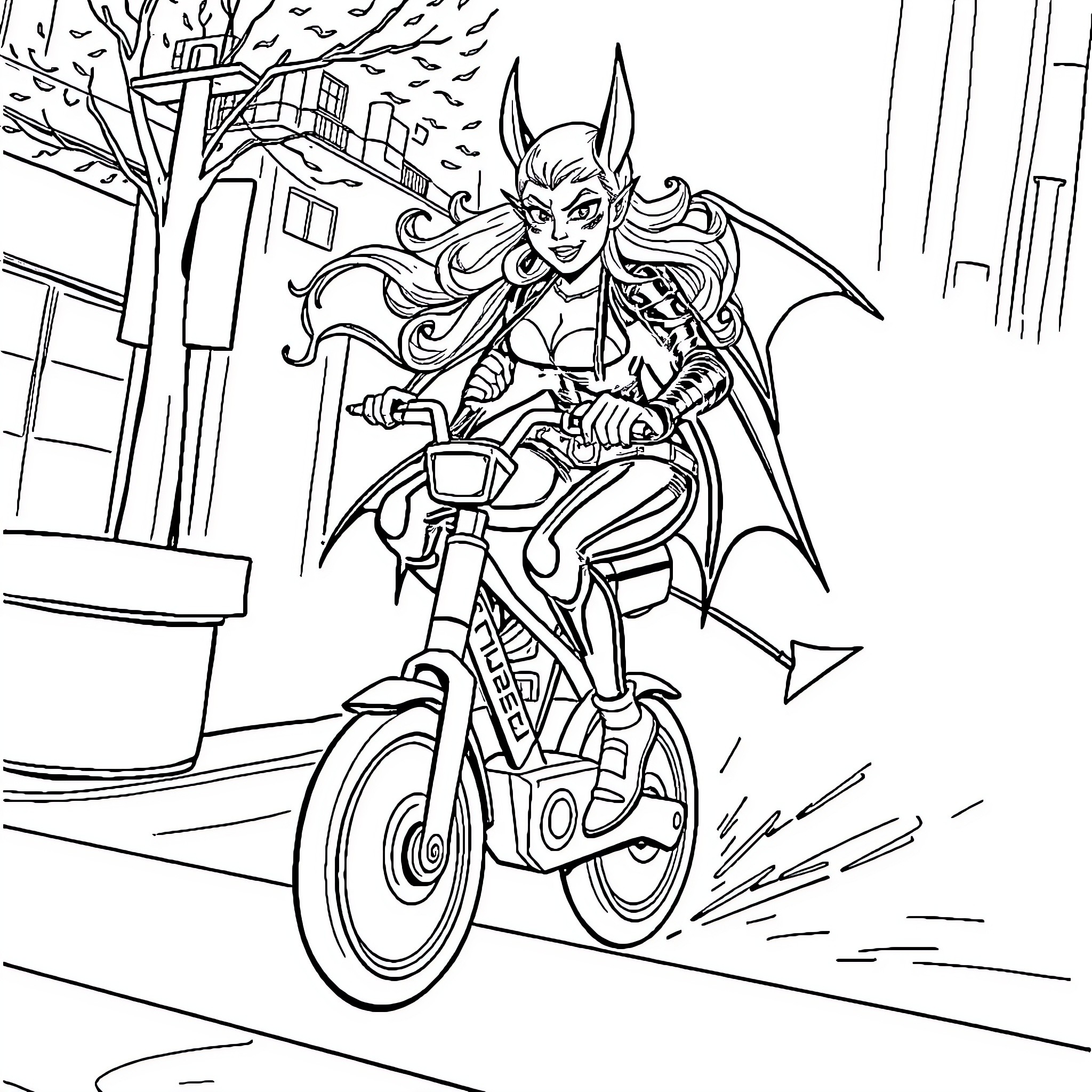 Devil-like Female Riding a Motorcycle through the City Coloring Page (free black-and-white line drawing printable PDF for all, from beginners to advanced learners, including children, teens, adults, and seniors)