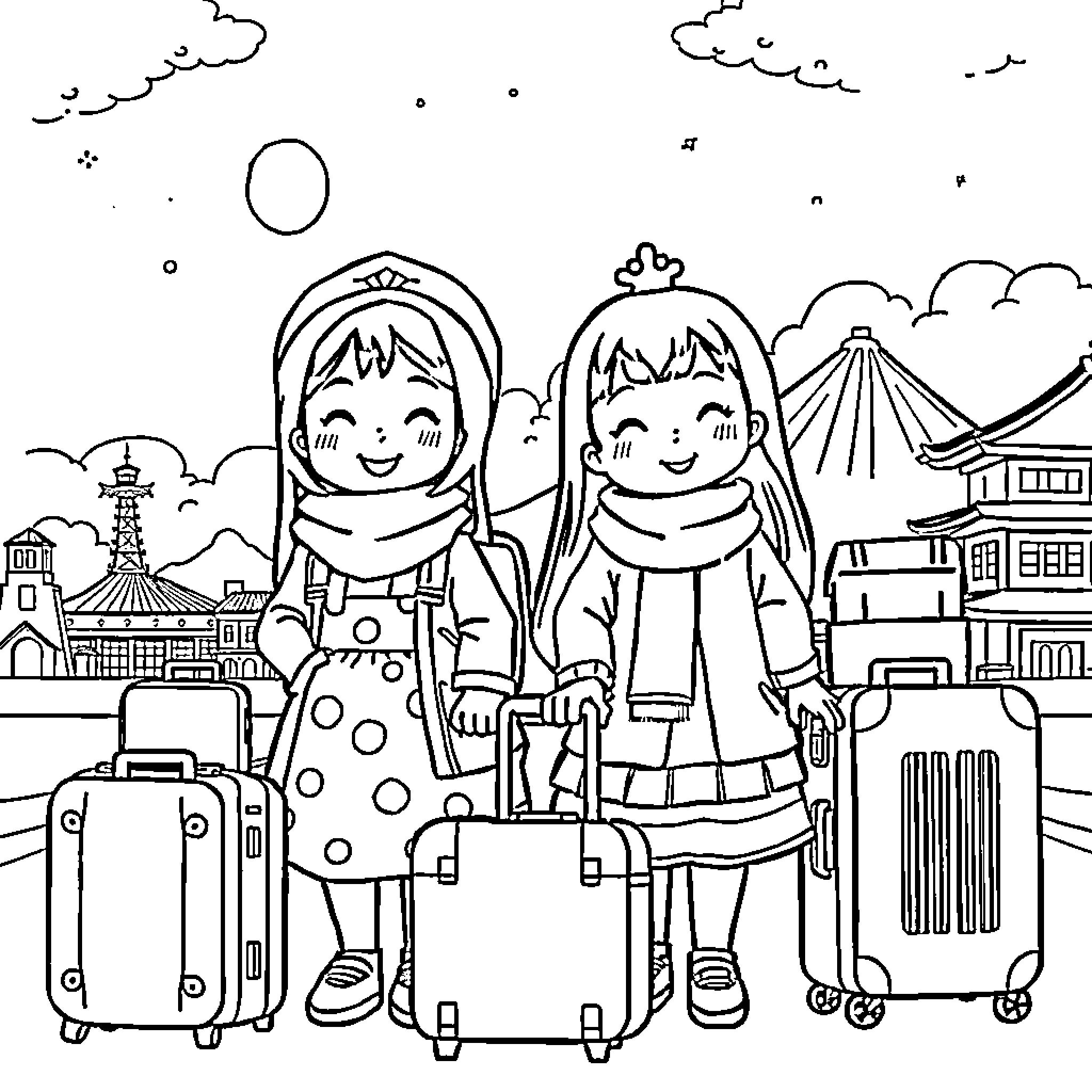 Bubu's Travel Adventure with Friends Coloring Page (free black-and-white line drawing printable PDF for all, from beginners to advanced learners, including children, teens, adults, and seniors)