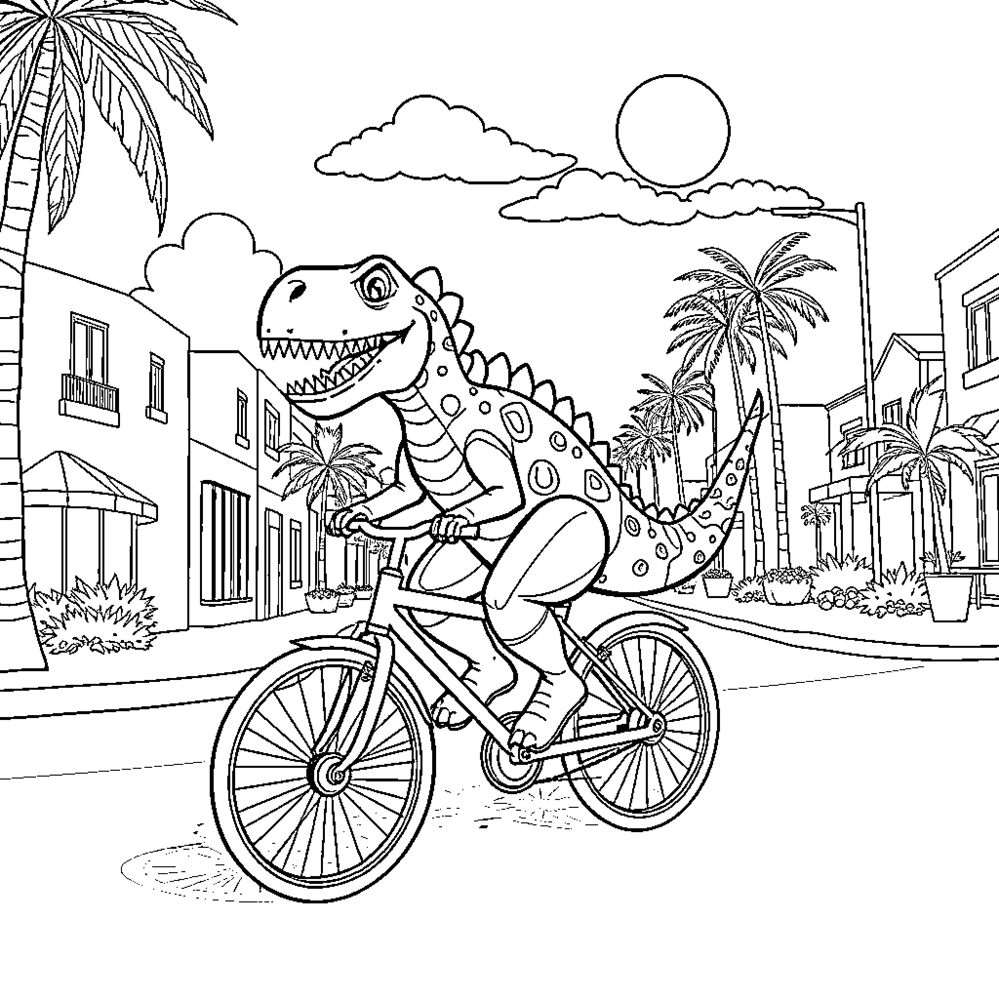 Dinosaur riding a bicycle through a tropical town Coloring Page (free black-and-white line drawing printable PDF for all, from beginners to advanced learners, including children, teens, adults, and seniors)