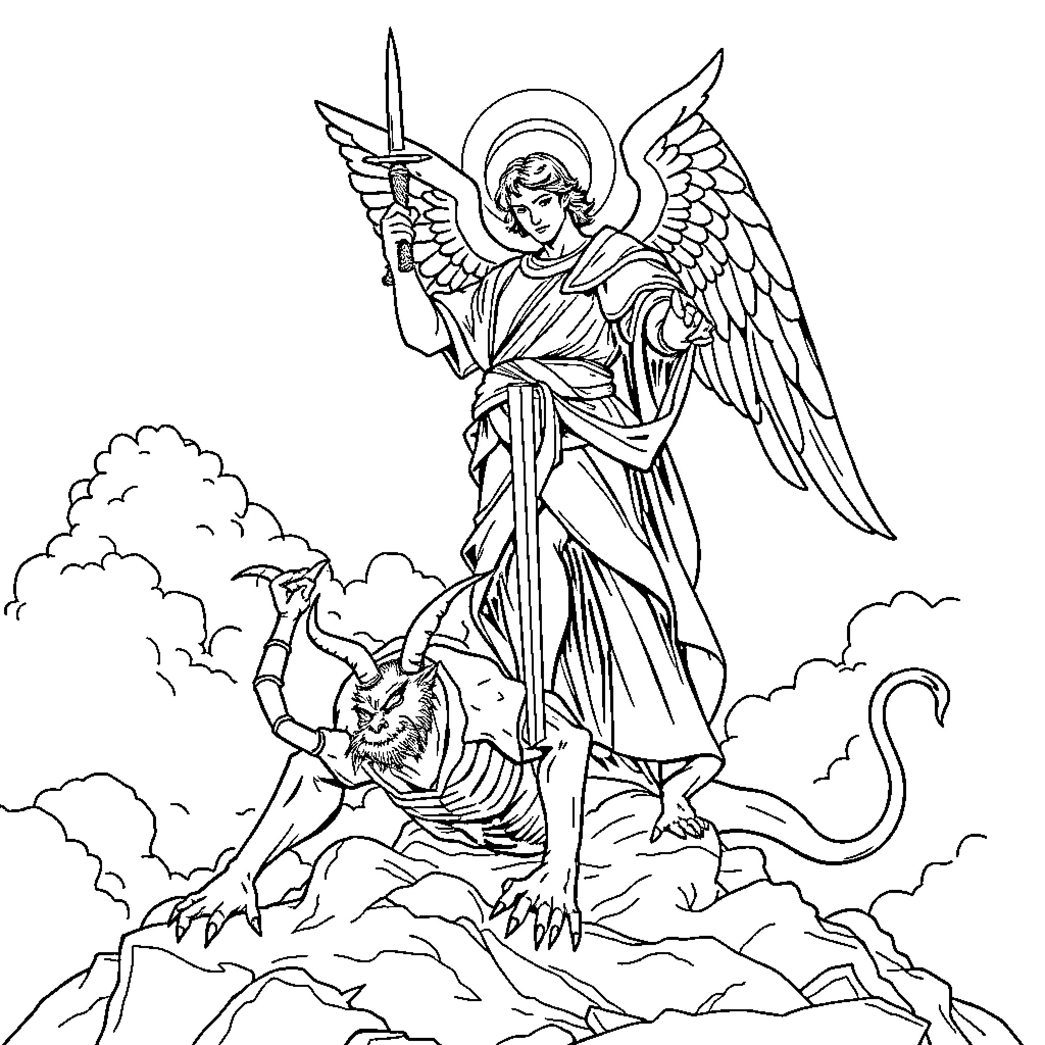 Saint Michael Vanquishing the Devil Coloring Page (free black-and-white line drawing printable PDF for all, from beginners to advanced learners, including children, teens, adults, and seniors)