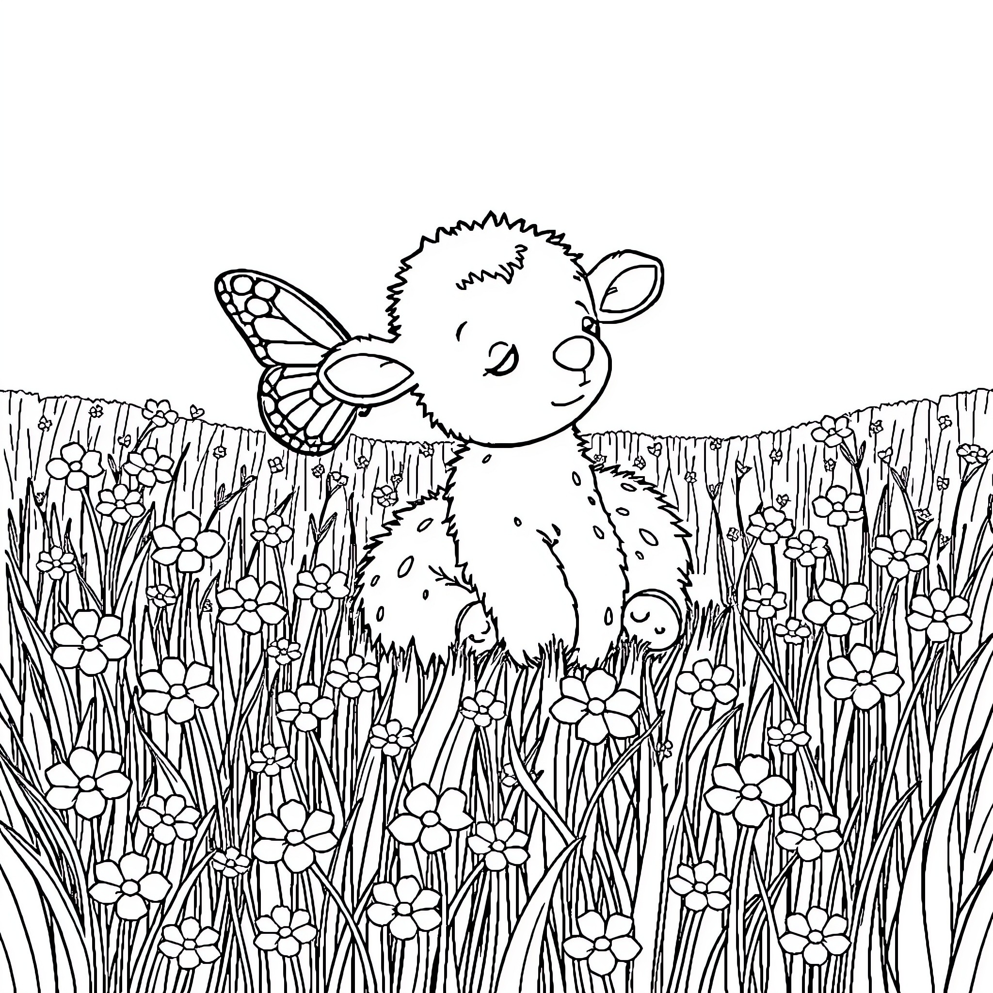 Sheep with butterfly in a flower field Coloring Page (free black-and-white line drawing printable PDF for all, from beginners to advanced learners, including children, teens, adults, and seniors)