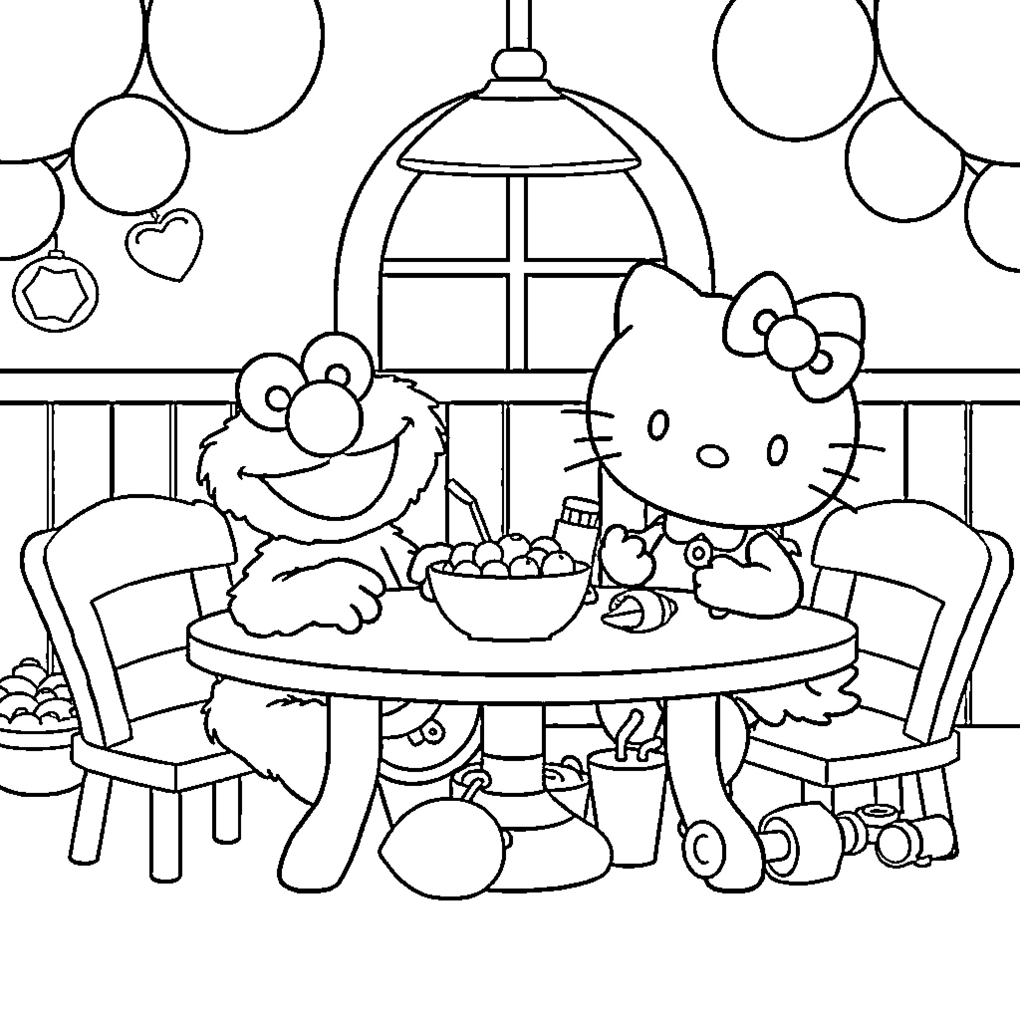 Elmo and Hello Kitty having a cozy dinner together Coloring Page (free black-and-white line drawing printable PDF for all, from beginners to advanced learners, including children, teens, adults, and seniors)