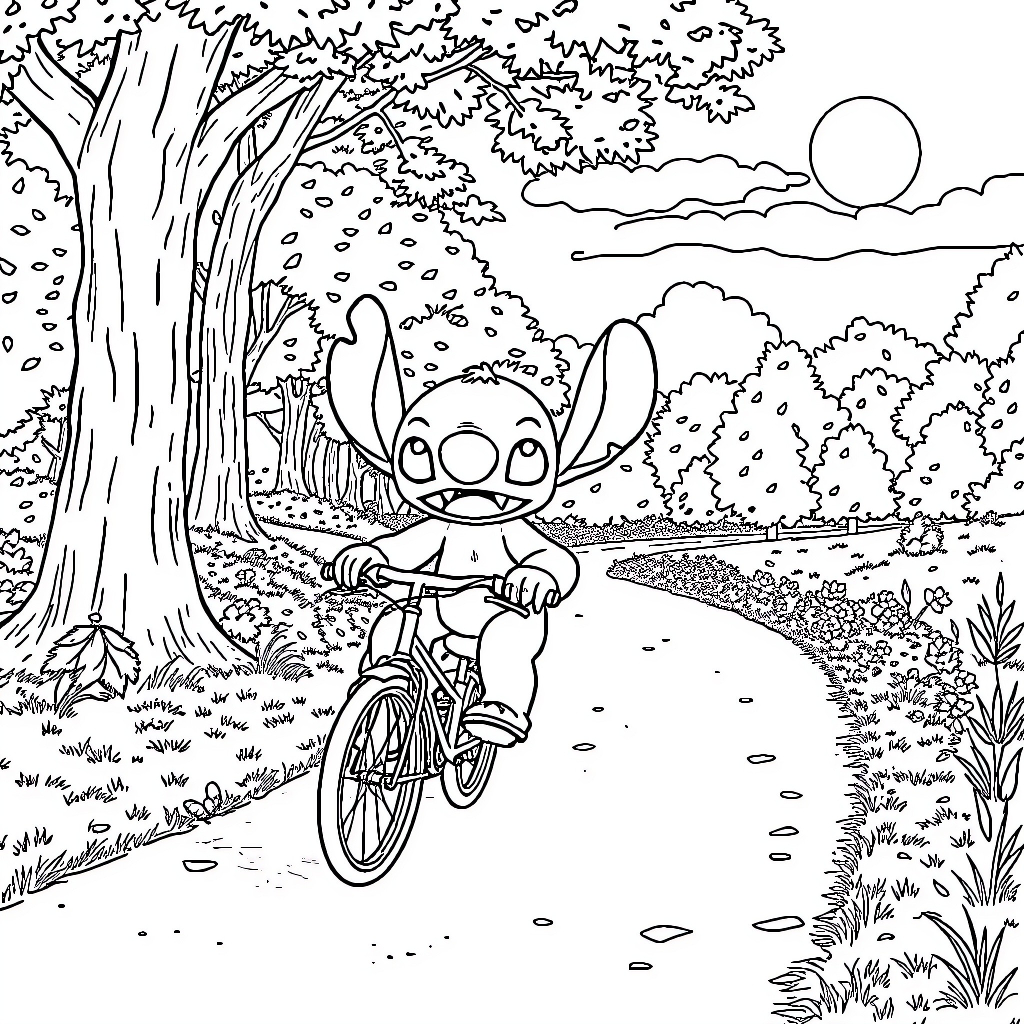 Stitch cycling through the enchanted forest Coloring Page (free black-and-white line drawing printable PDF for all, from beginners to advanced learners, including children, teens, adults, and seniors)