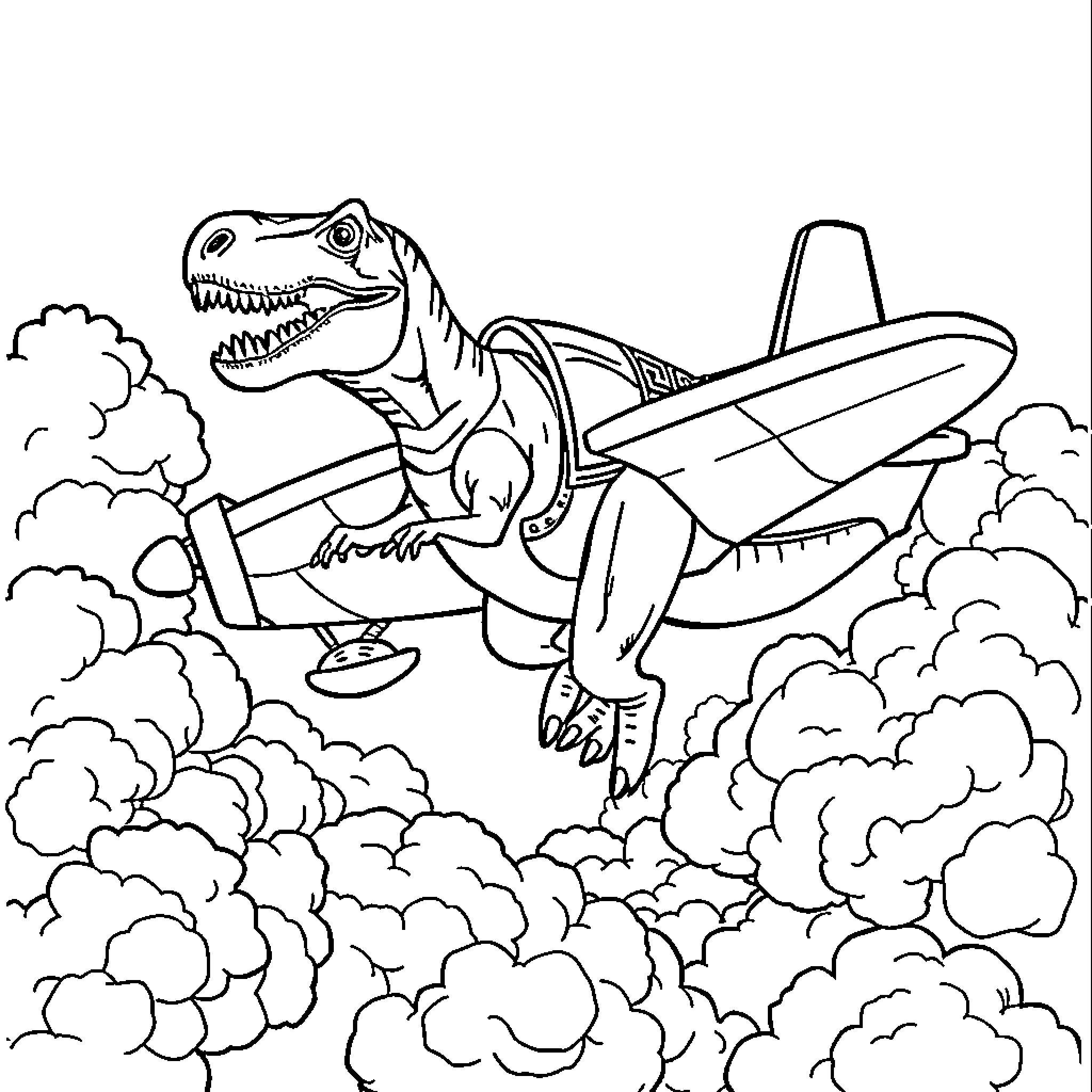 Dinosaur riding a jet plane through the clouds Coloring Page (free black-and-white line drawing printable PDF for all, from beginners to advanced learners, including children, teens, adults, and seniors)