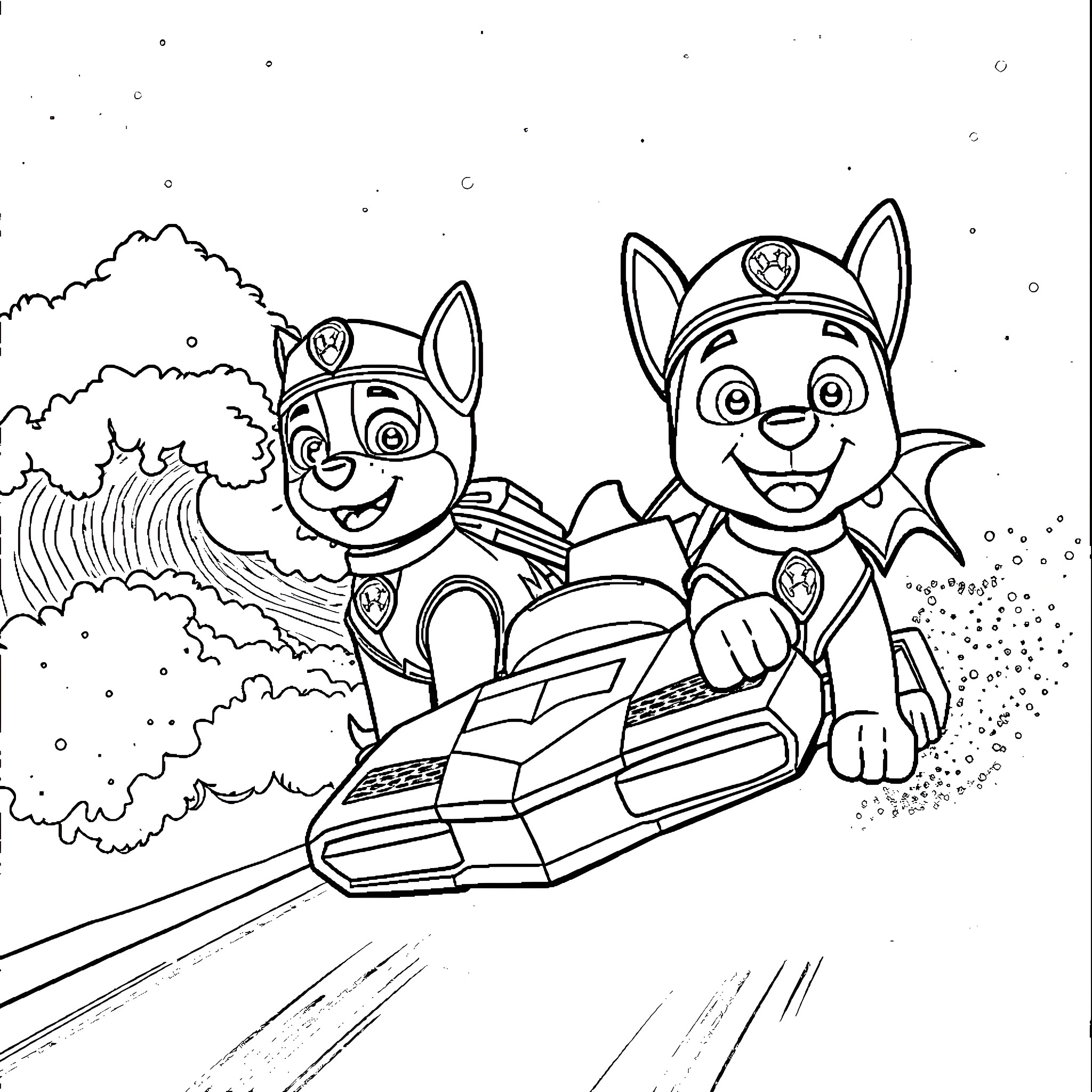 Paw Patrol characters on a racing adventure Coloring Page (free black-and-white line drawing printable PDF for all, from beginners to advanced learners, including children, teens, adults, and seniors)