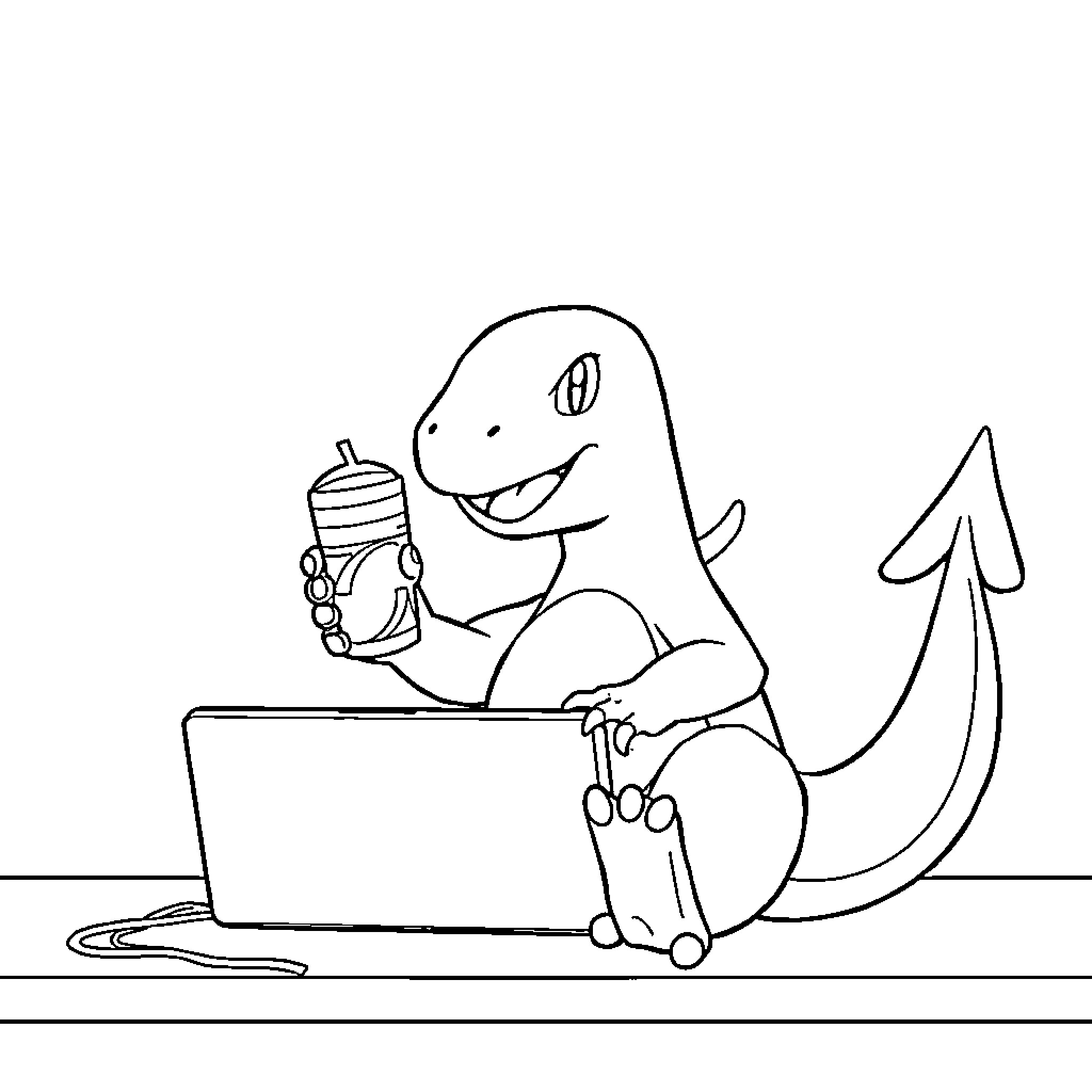 Charizard using a laptop and drinking from a cup Coloring Page (free black-and-white line drawing printable PDF for all, from beginners to advanced learners, including children, teens, adults, and seniors)