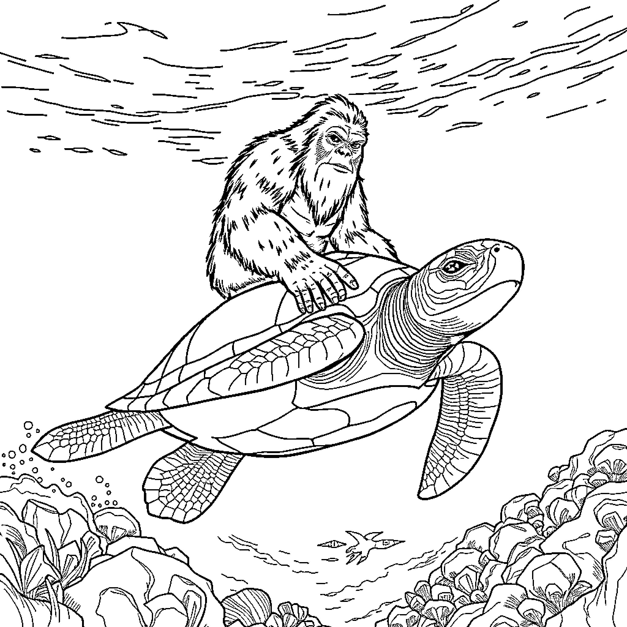Bigfoot riding a sea turtle in the ocean Coloring Page (free black-and-white line drawing printable PDF for all, from beginners to advanced learners, including children, teens, adults, and seniors)