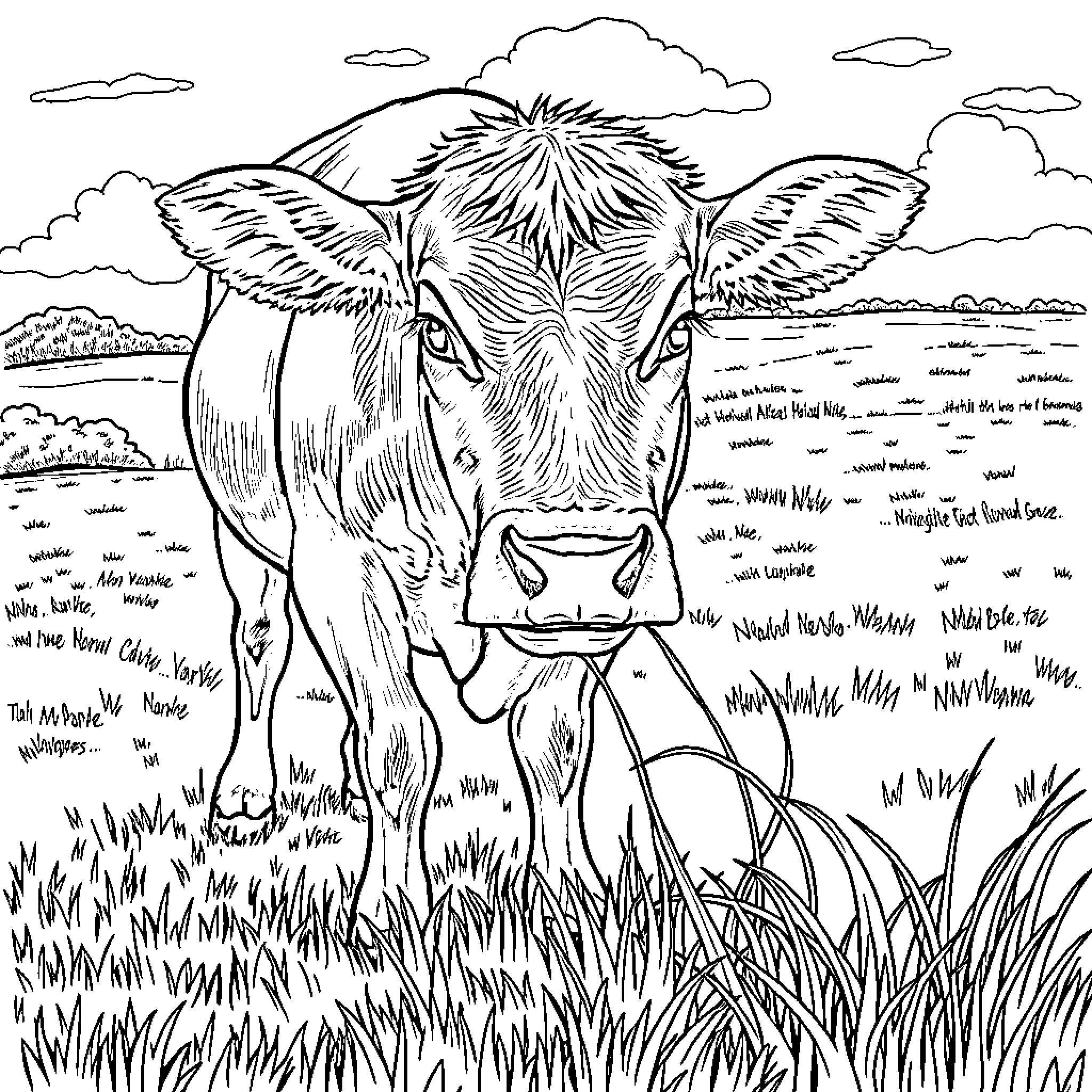 Cow with curious expression in pastoral scene Coloring Page (free black-and-white line drawing printable PDF for all, from beginners to advanced learners, including children, teens, adults, and seniors)