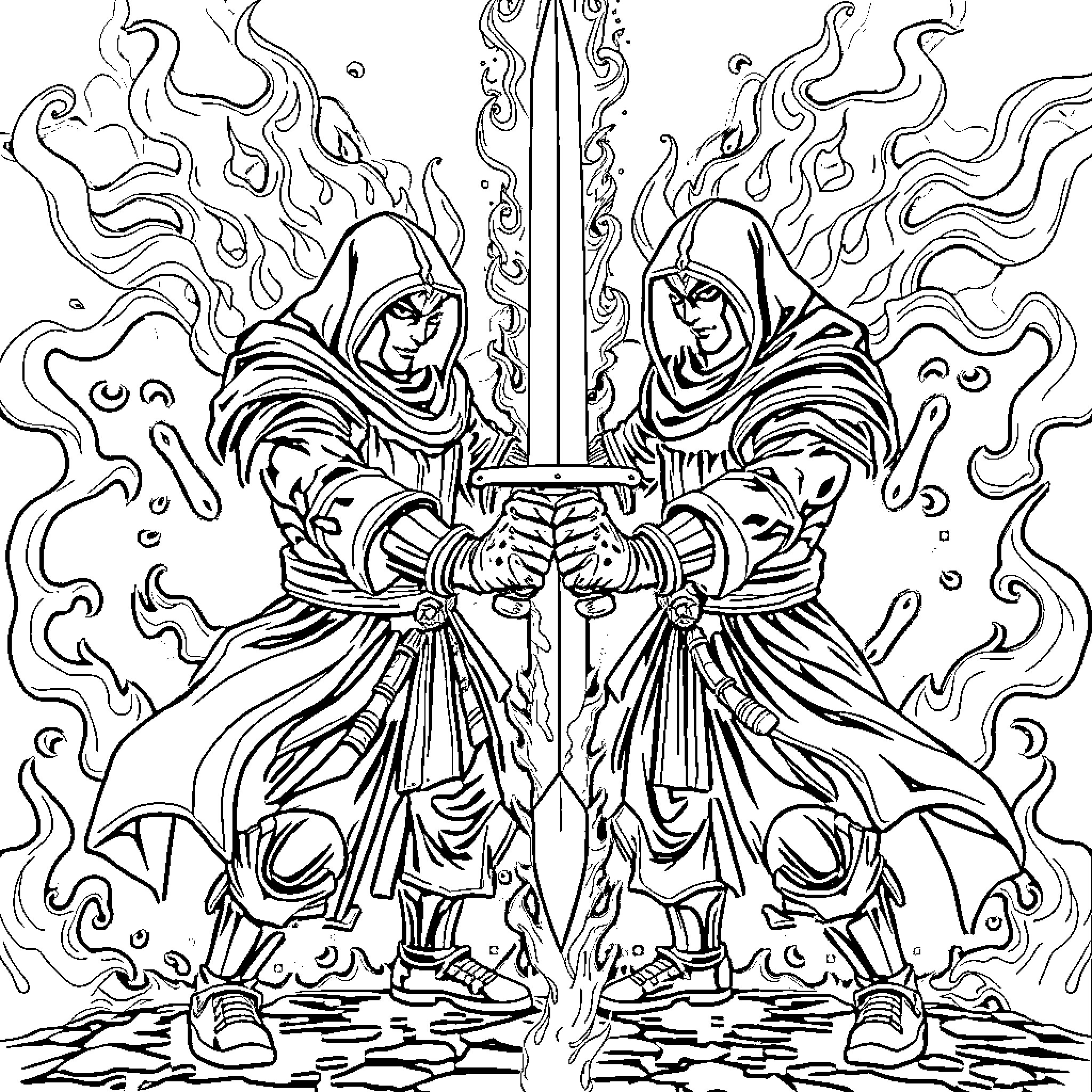 Sword Fighters in Fierce Battle Coloring Page (free black-and-white line drawing printable PDF for all, from beginners to advanced learners, including children, teens, adults, and seniors)
