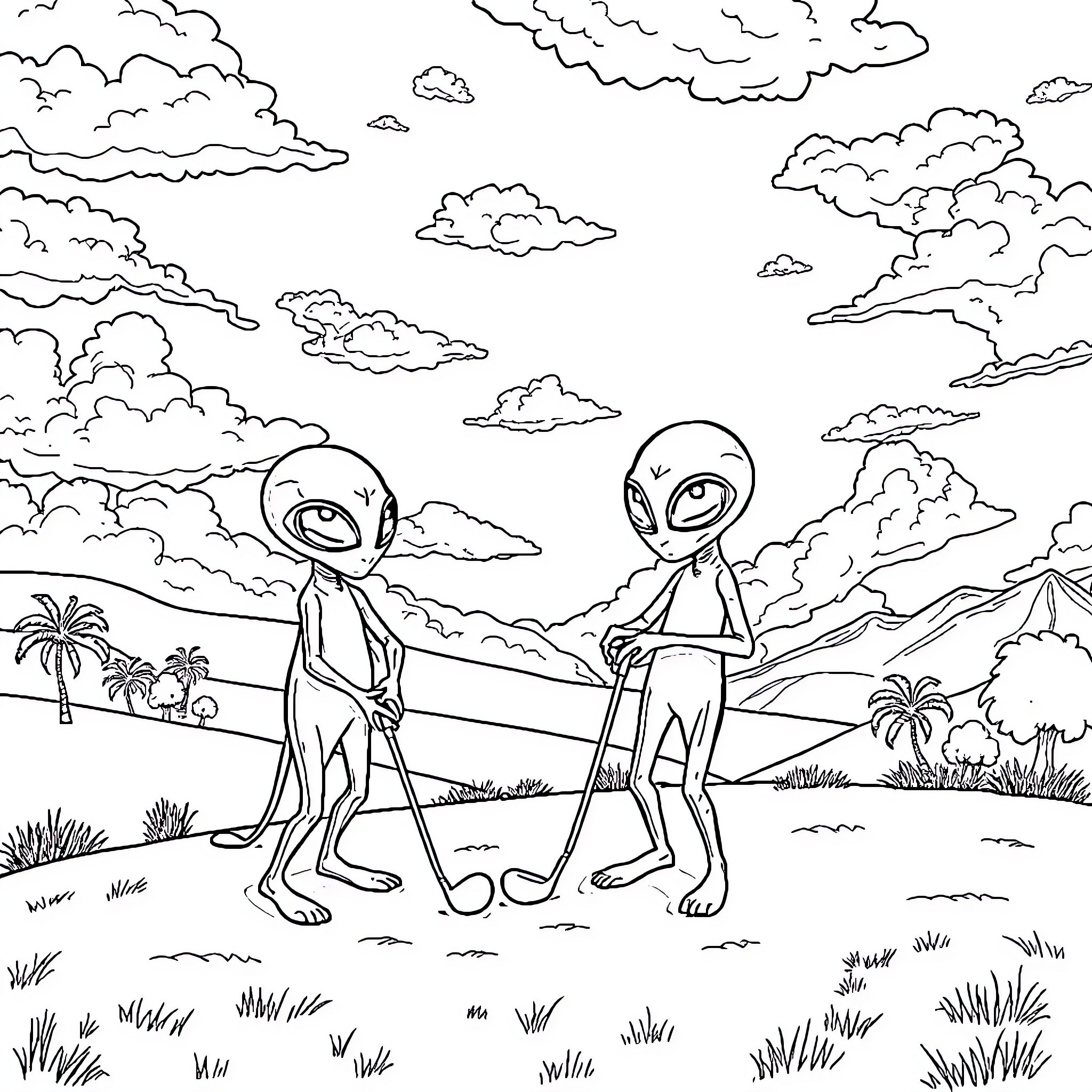 Alien friends exploring mysterious landscape Coloring Page (free black-and-white line drawing printable PDF for all, from beginners to advanced learners, including children, teens, adults, and seniors)