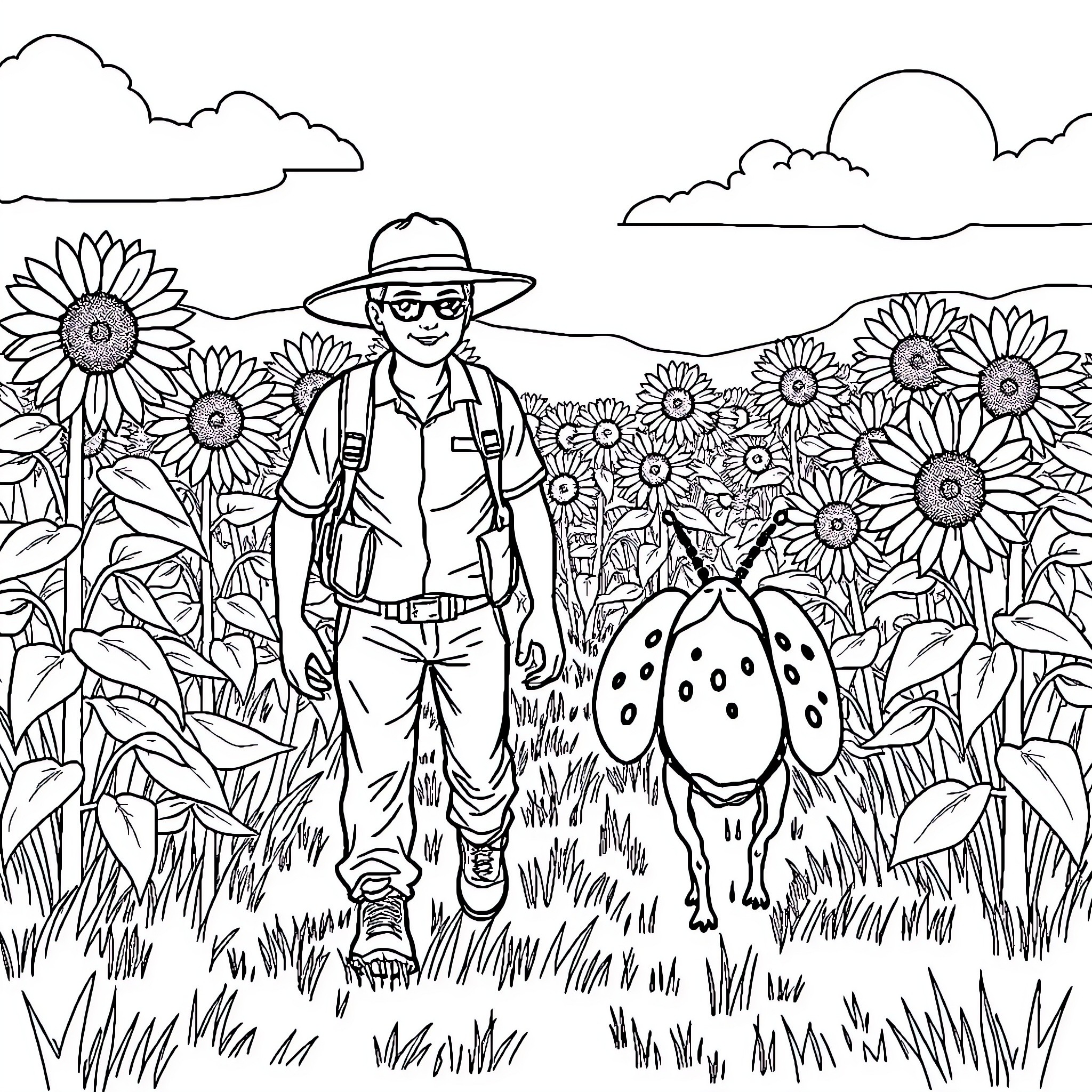 Bug Tractor Exploring Sunflower Field with Spotted Animal Coloring Page (free black-and-white line drawing printable PDF for all, from beginners to advanced learners, including children, teens, adults, and seniors)