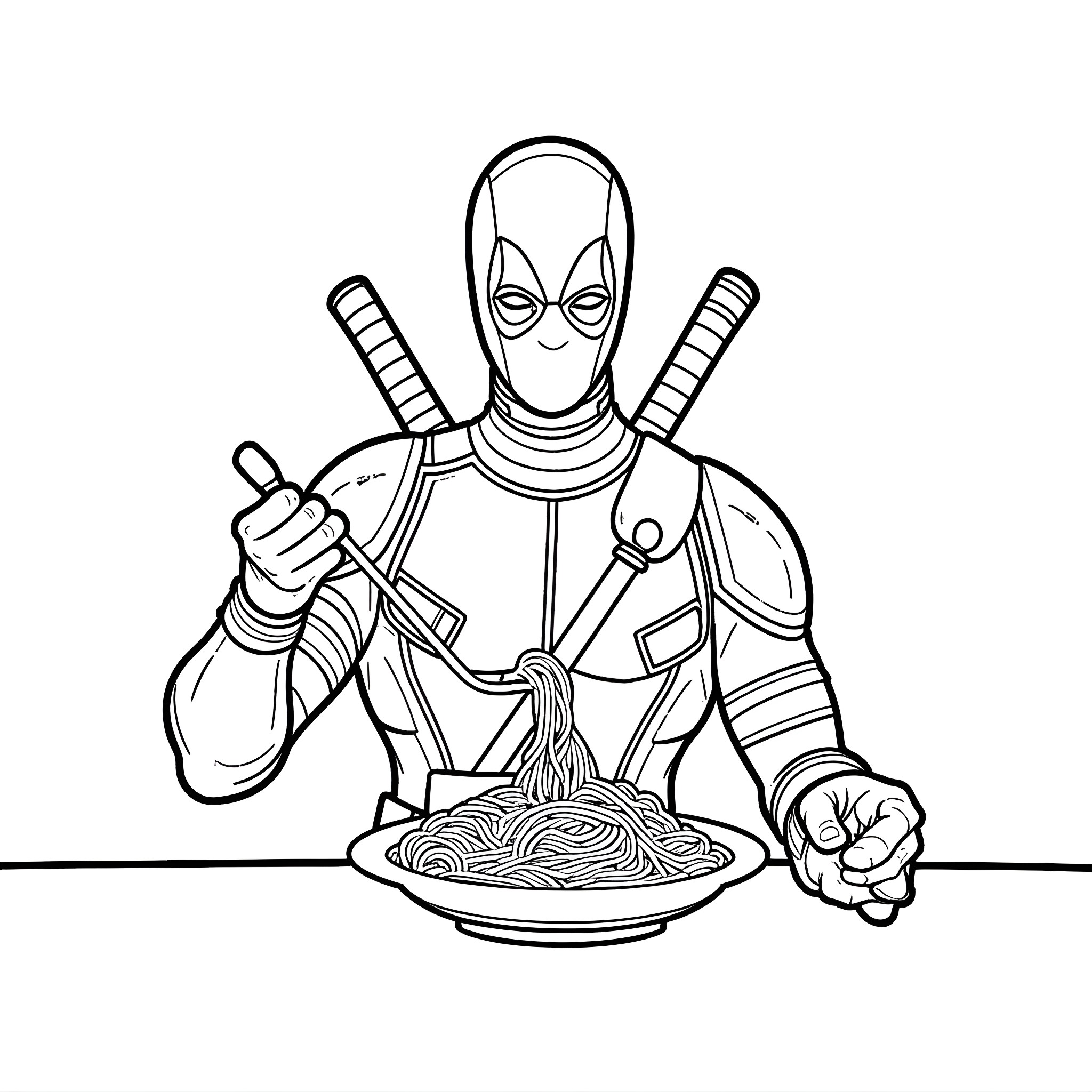 Deadpool Enjoying a Spaghetti Meal Coloring Page (free black-and-white line drawing printable PDF for all, from beginners to advanced learners, including children, teens, adults, and seniors)