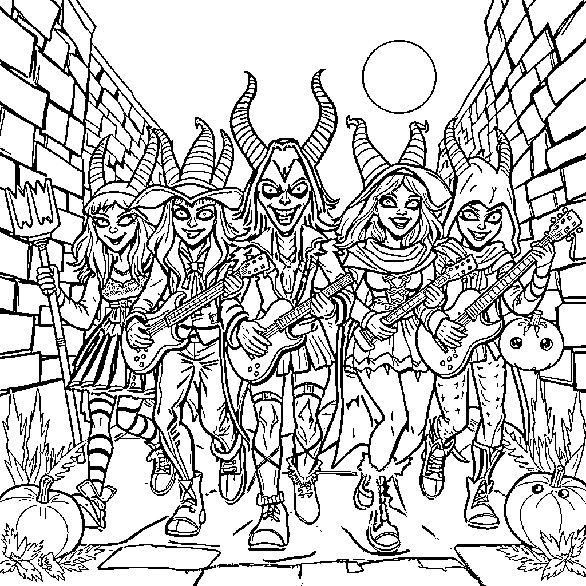 Band of quirky characters in fantastical outfits Coloring Page (free black-and-white line drawing printable PDF for all, from beginners to advanced learners, including children, teens, adults, and seniors)