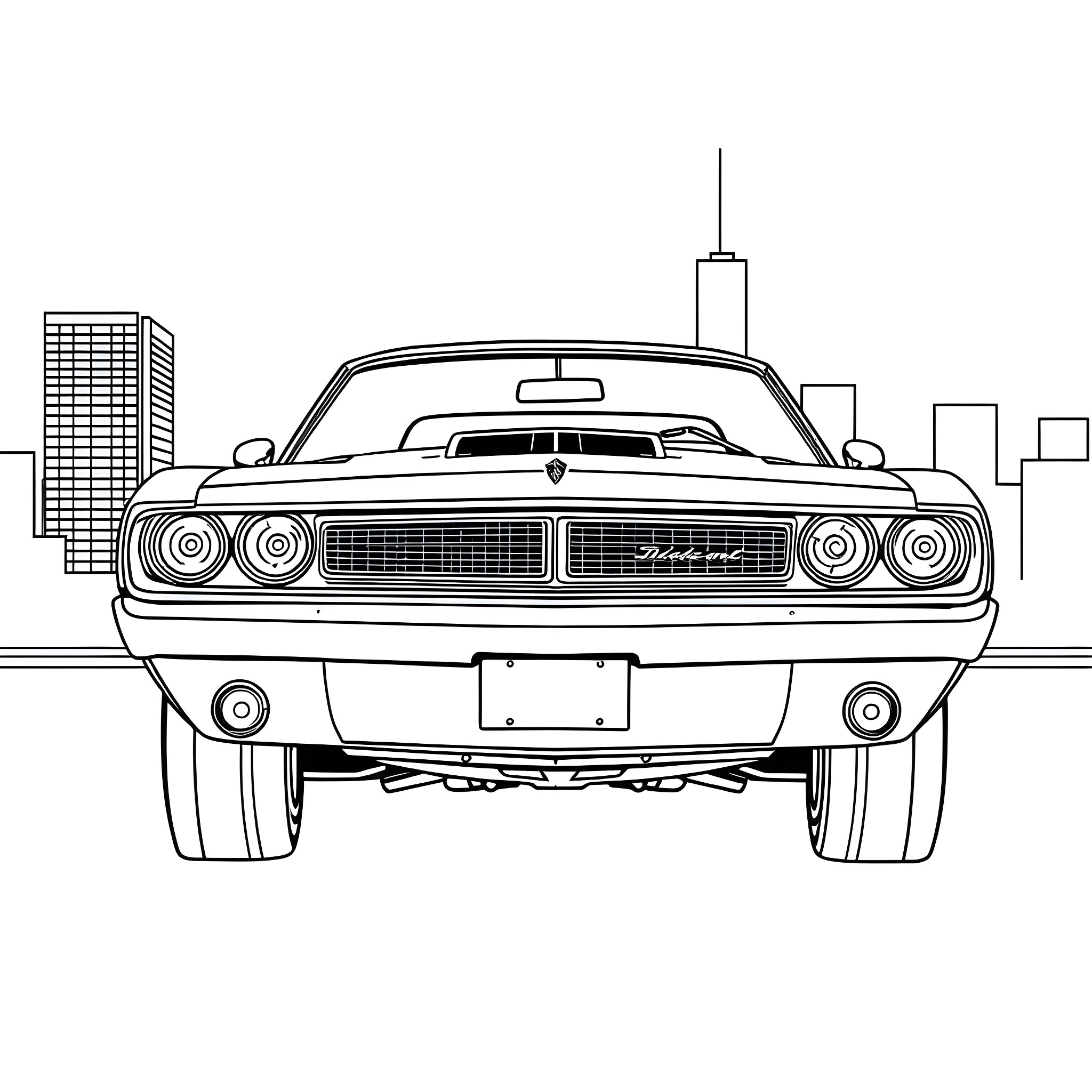 Bat Mobile in the City Streets Coloring Page (free black-and-white line drawing printable PDF for all, from beginners to advanced learners, including children, teens, adults, and seniors)